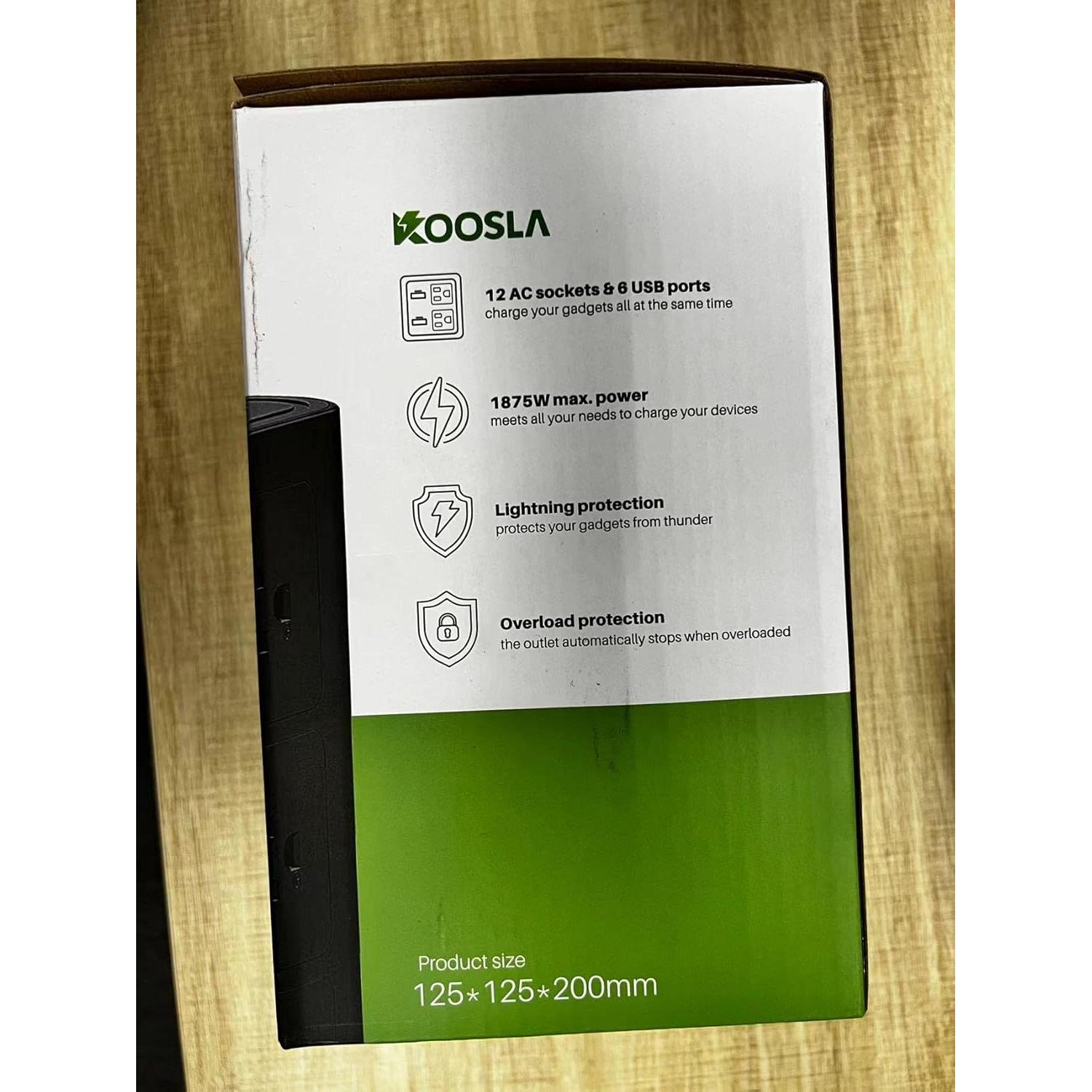 Torre de Regletas KOOSLA 12 Salidas AC y 6 USB 2m Negro