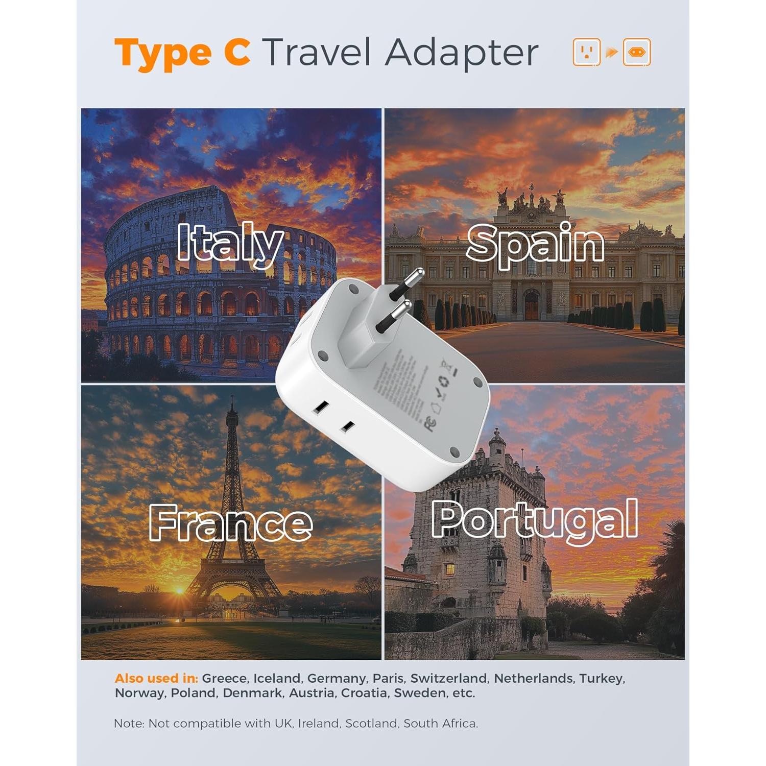 Adaptador de Enchufe de Viaje TESSAN Tipo C 3 Pack 4 Salidas CA USB
