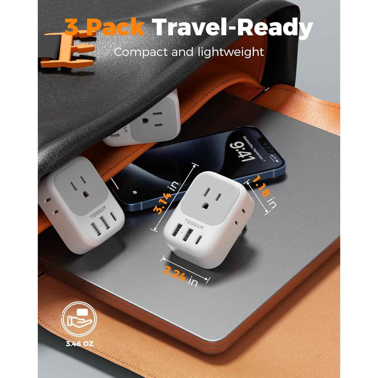 Adaptador de Enchufe de Viaje TESSAN Tipo C 3 Pack 4 Salidas CA USB