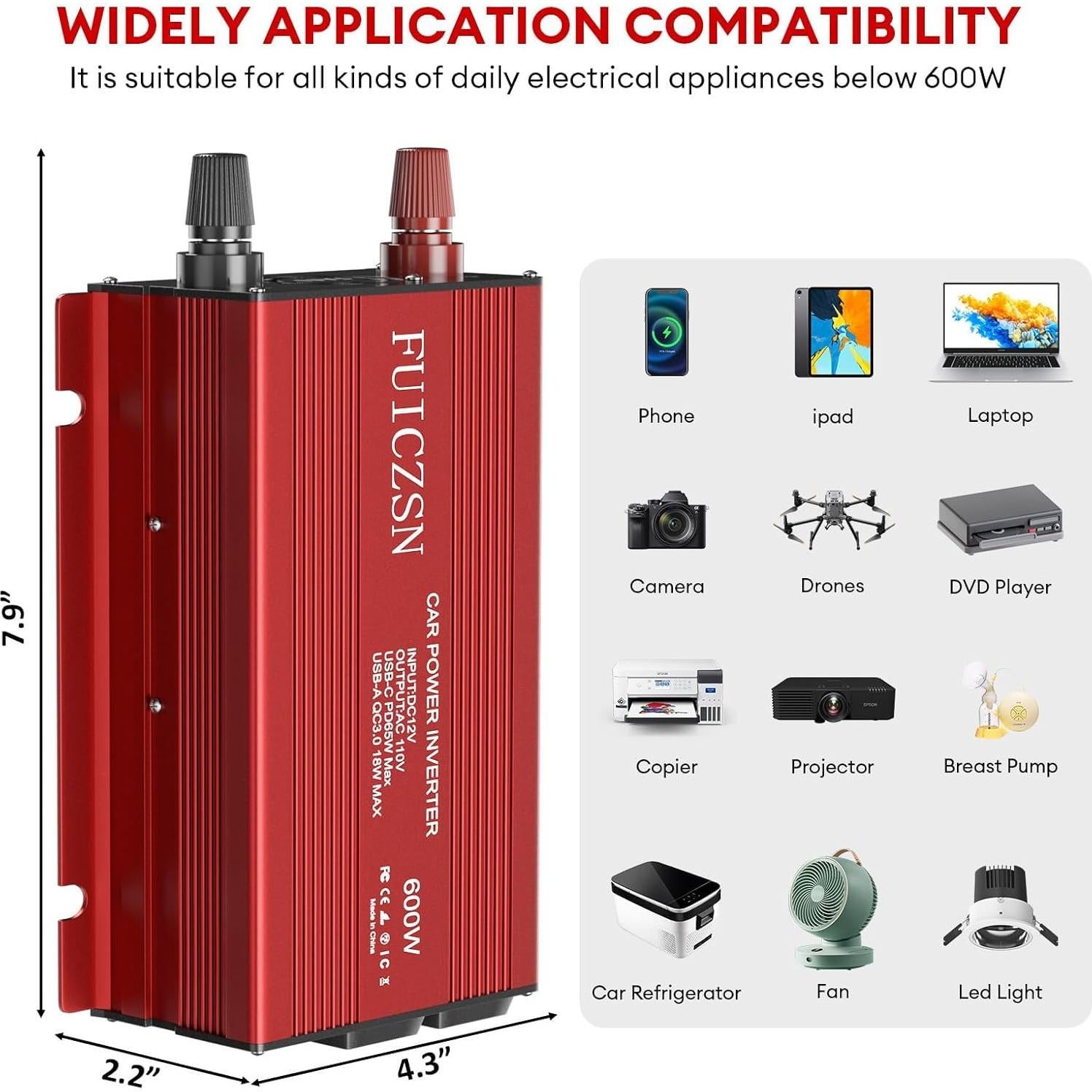 Inversor de Potencia de Coche 600W FUICZSN 12V a 110V AC