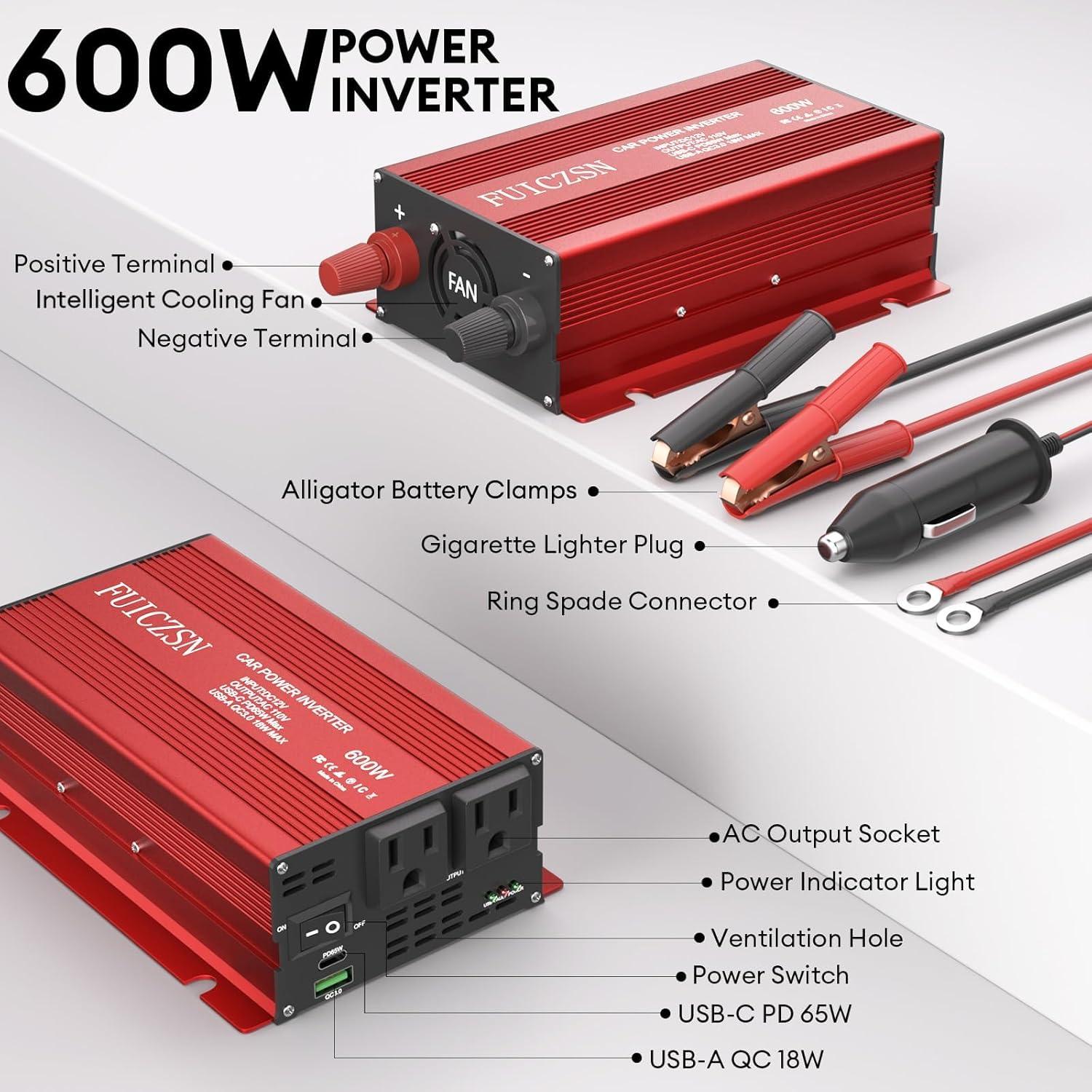 Inversor de Potencia de Coche 600W FUICZSN 12V a 110V AC