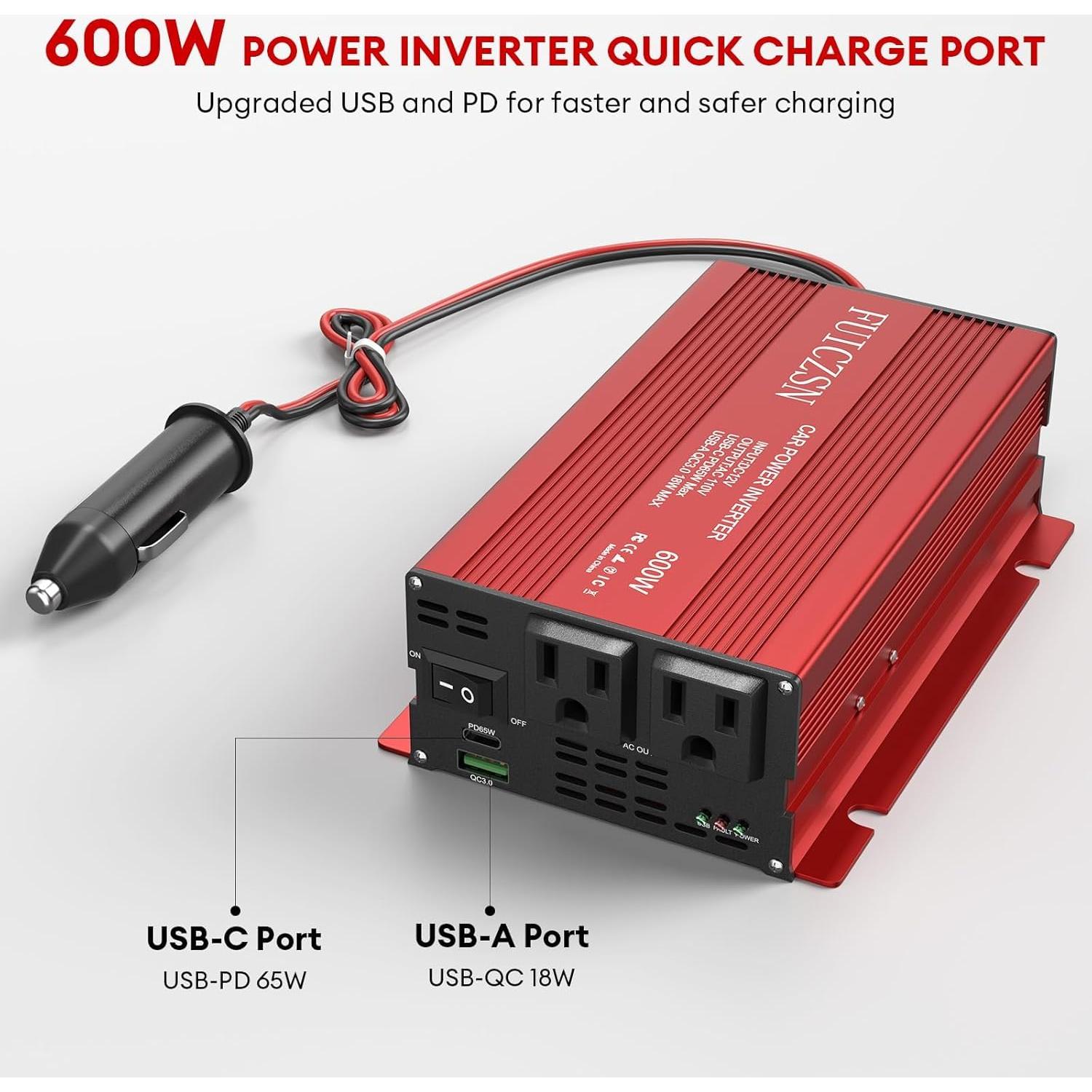 Inversor de Potencia de Coche 600W FUICZSN 12V a 110V AC