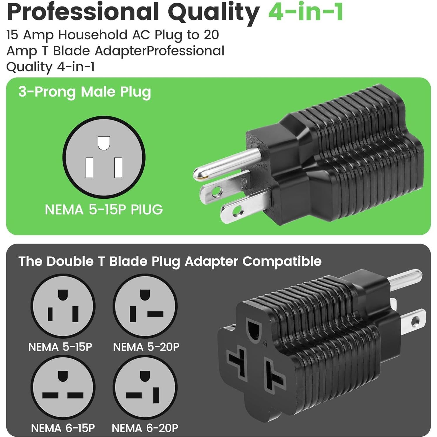 Adaptador de Enchufe CA 4 en 1 Zhenjia 15A a 20A Negro