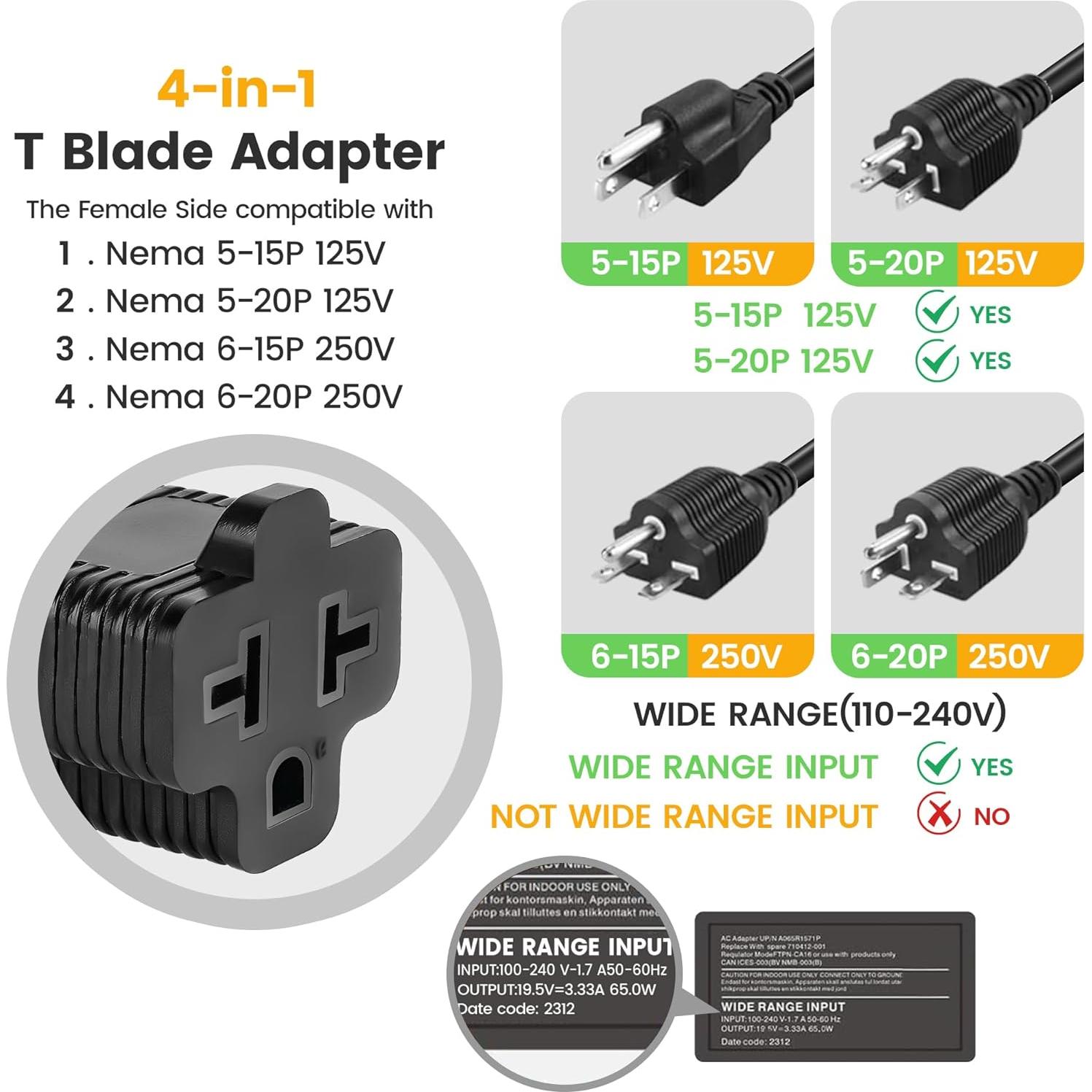 Adaptador de Enchufe CA 4 en 1 Zhenjia 15A a 20A Negro