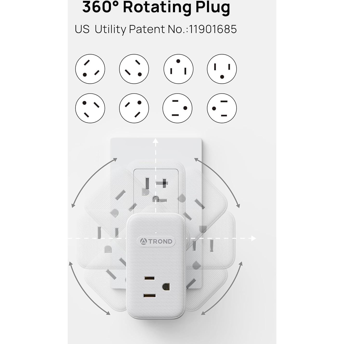 Extensor de Enchufe TROND 3 Salidas AC y 4 USB 20W Rotatorio 360°