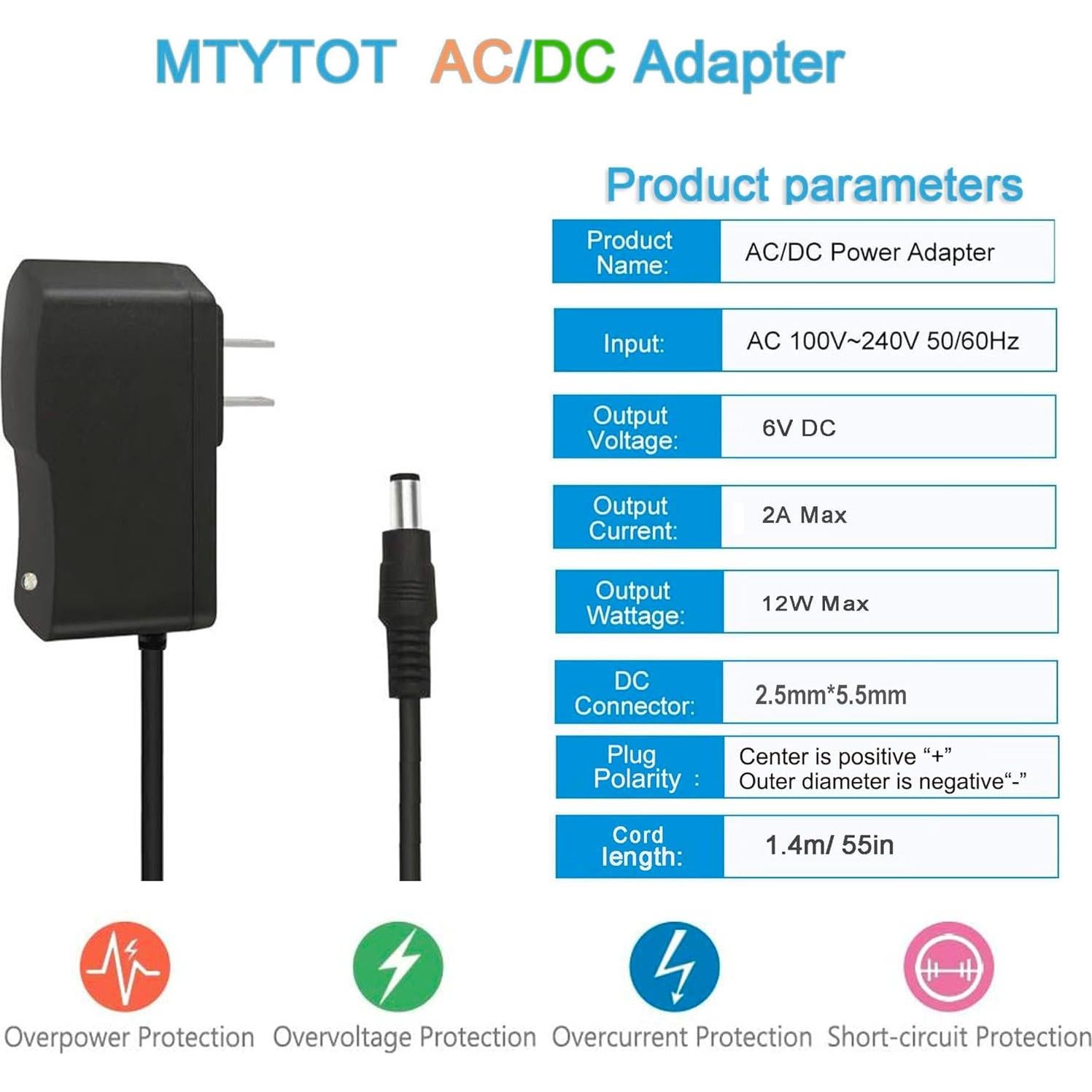 Adaptador de Alimentación 6V 2A DC 100-240V AC - 1m Cable