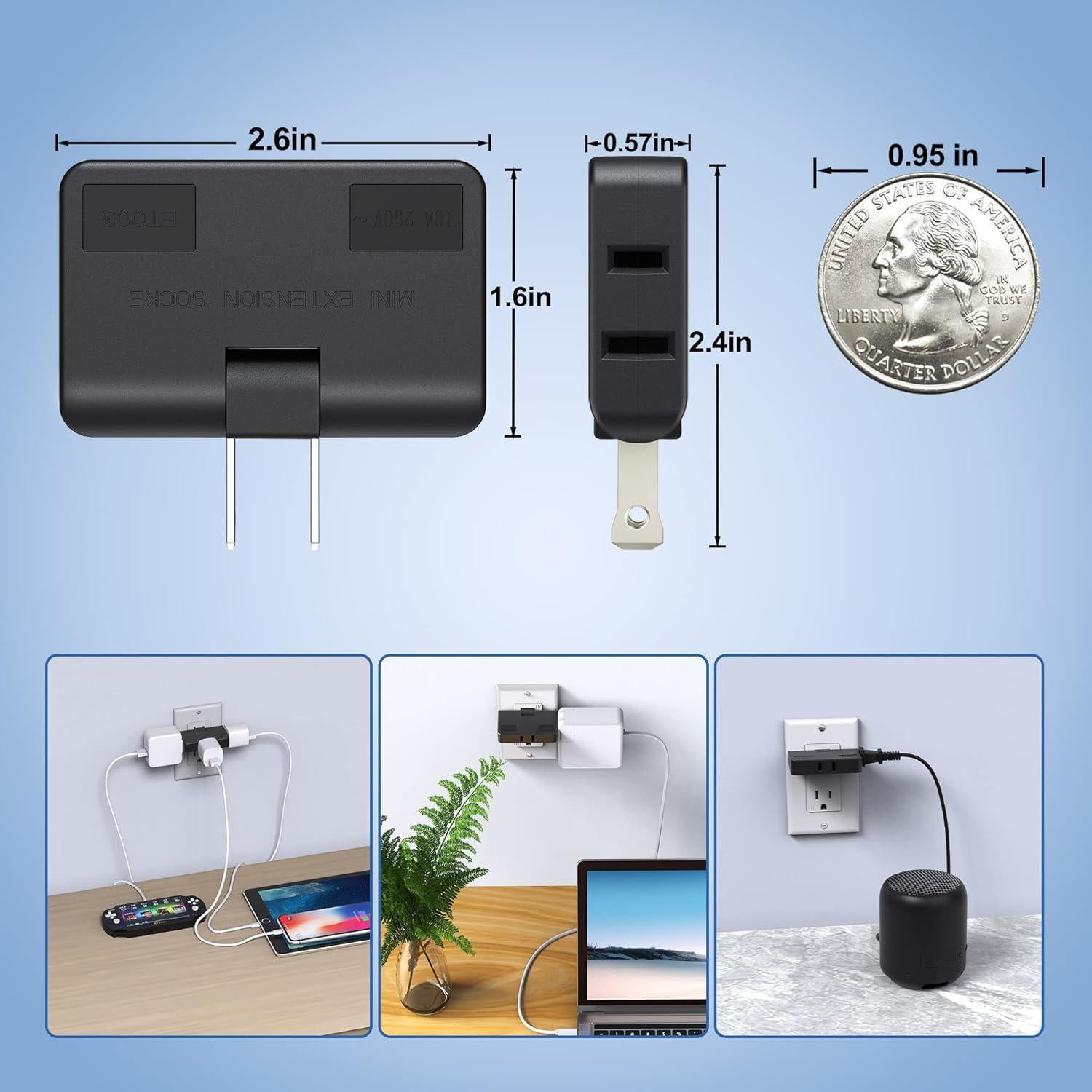 Extensor de enchufe plano 3 vías ETwinCoo negro - Adaptador seguro