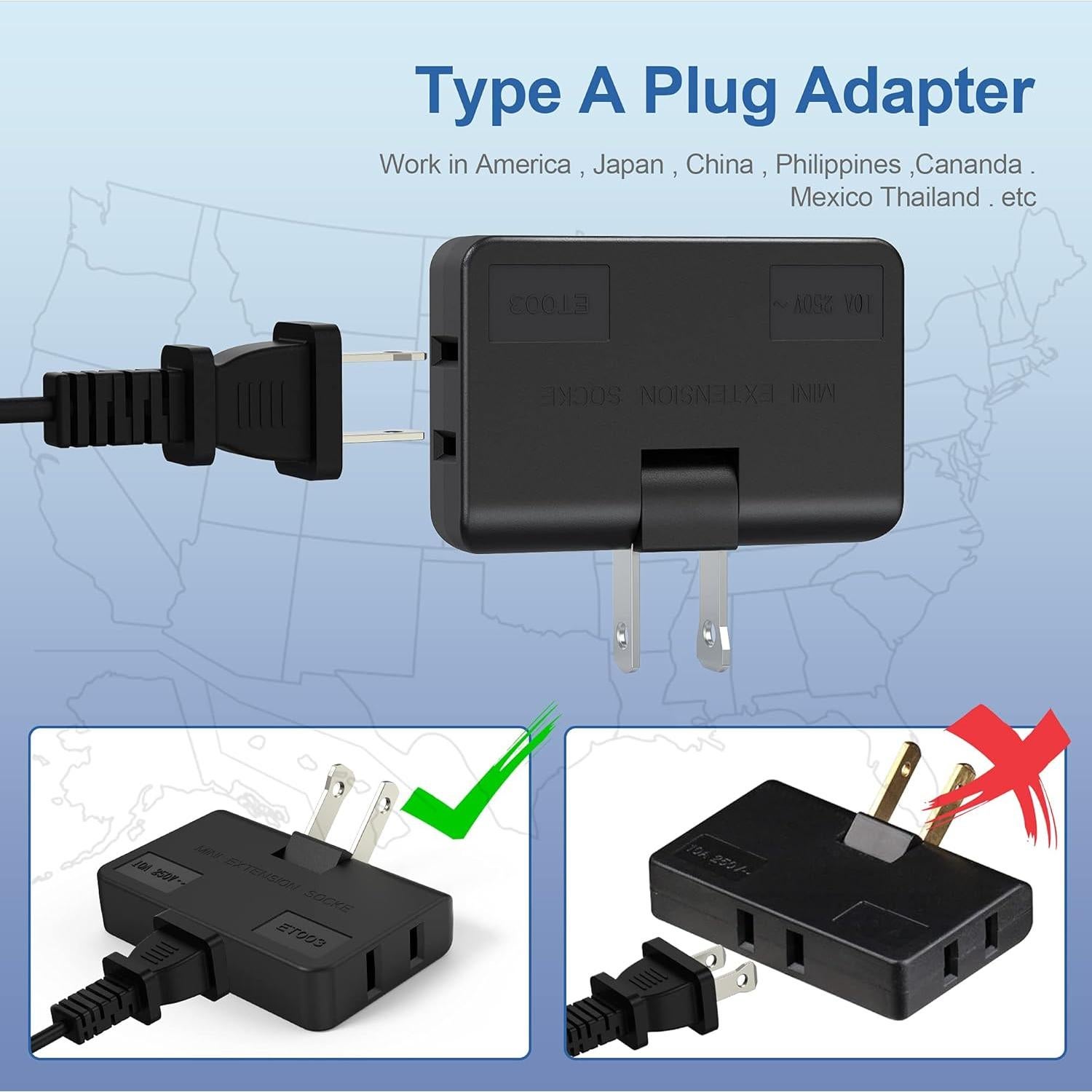 Extensor de enchufe plano 3 vías ETwinCoo negro - Adaptador seguro