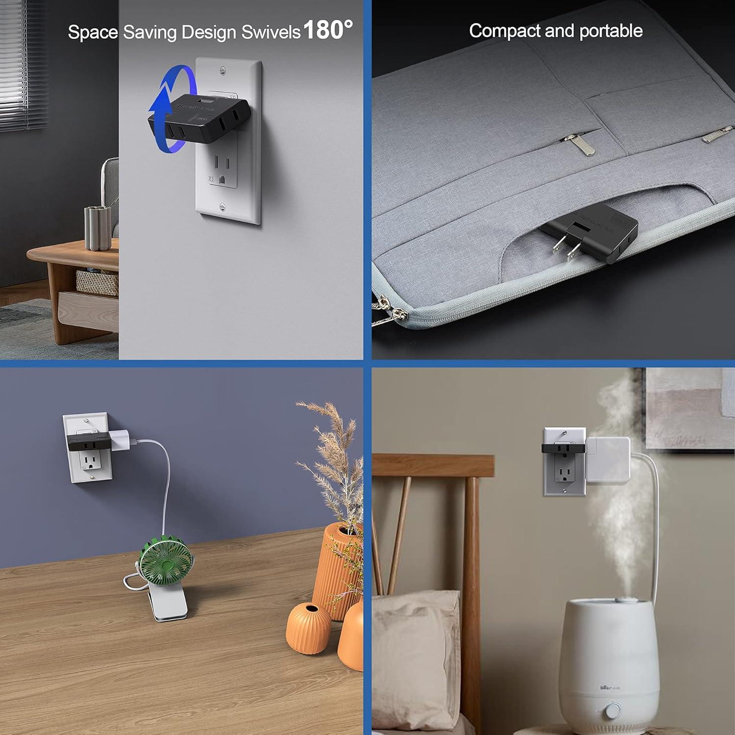 Extensor de enchufe plano 3 vías ETwinCoo negro - Adaptador seguro