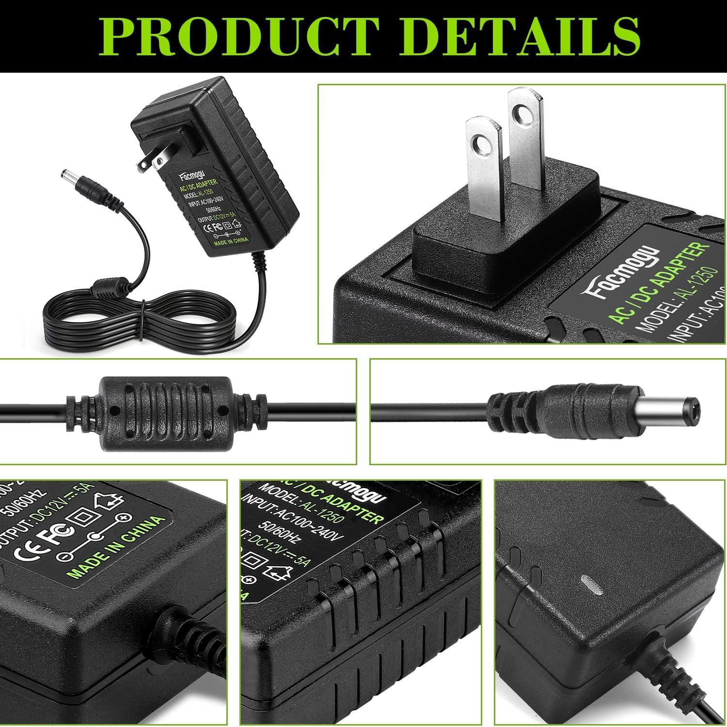 Adaptador de corriente Facmogu 12V 5A con cable 1.5m