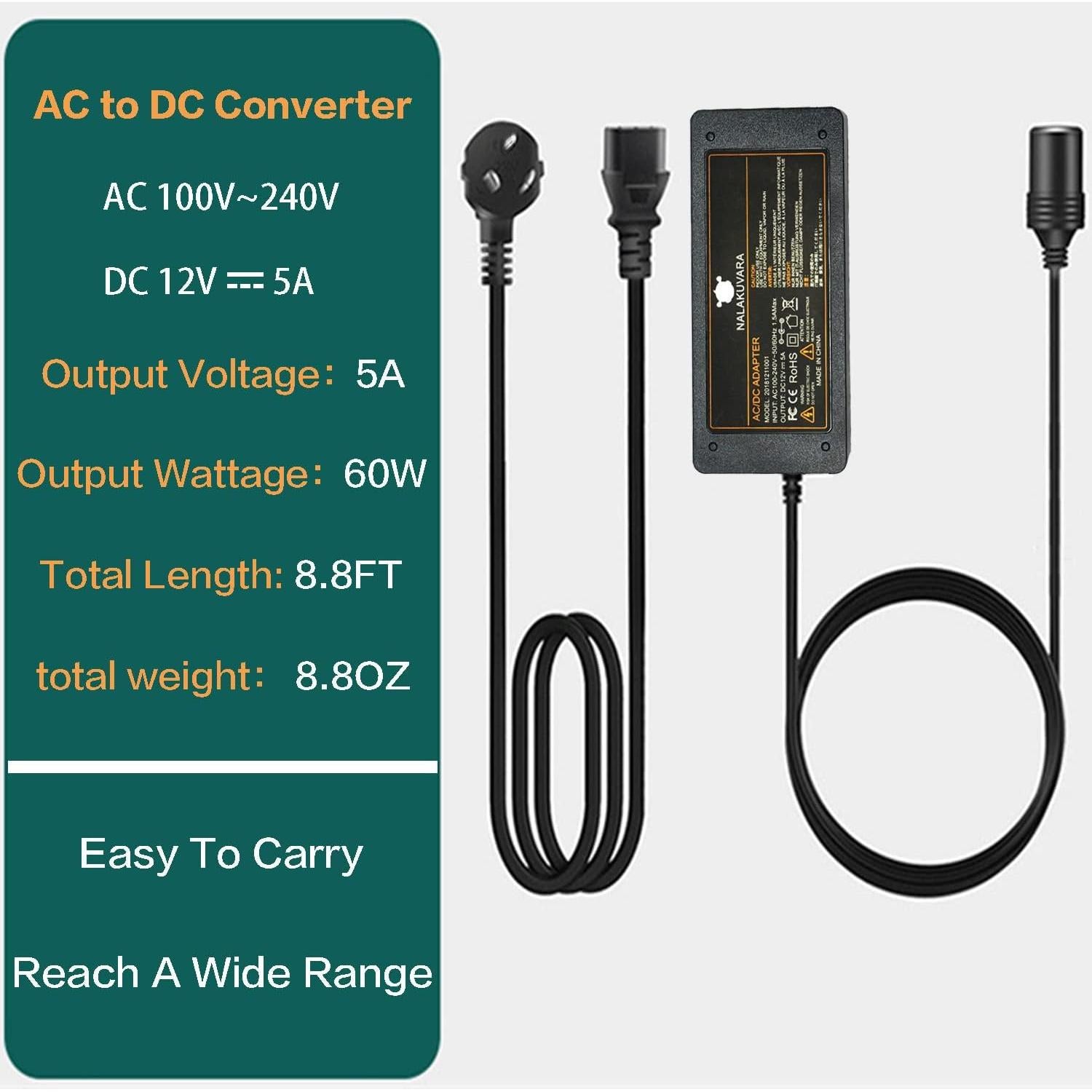 Convertidor AC a DC 12V 5A 60W NALAKUVARA para Automóvil