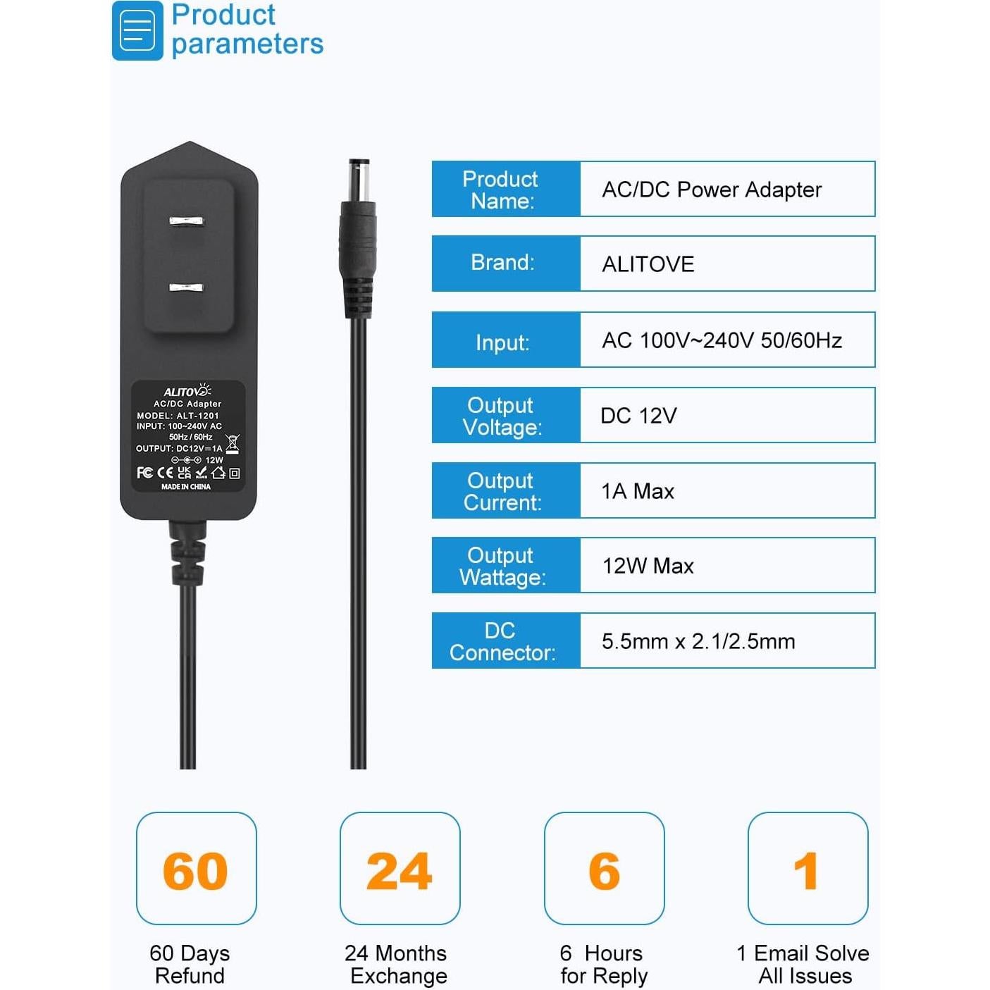 Fuente de Poder DC 12V 1A ALITOVE Adaptador 12W para LED