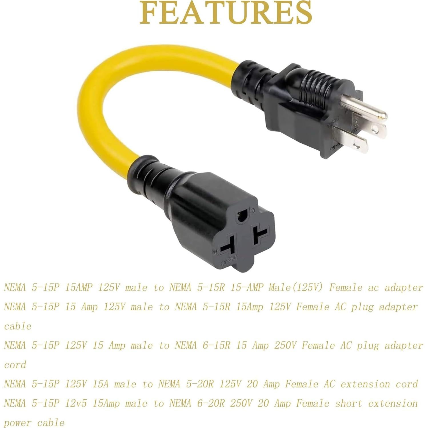 Cable adaptador AC 12AWG 15A a 20A 1 pie Hurricane
