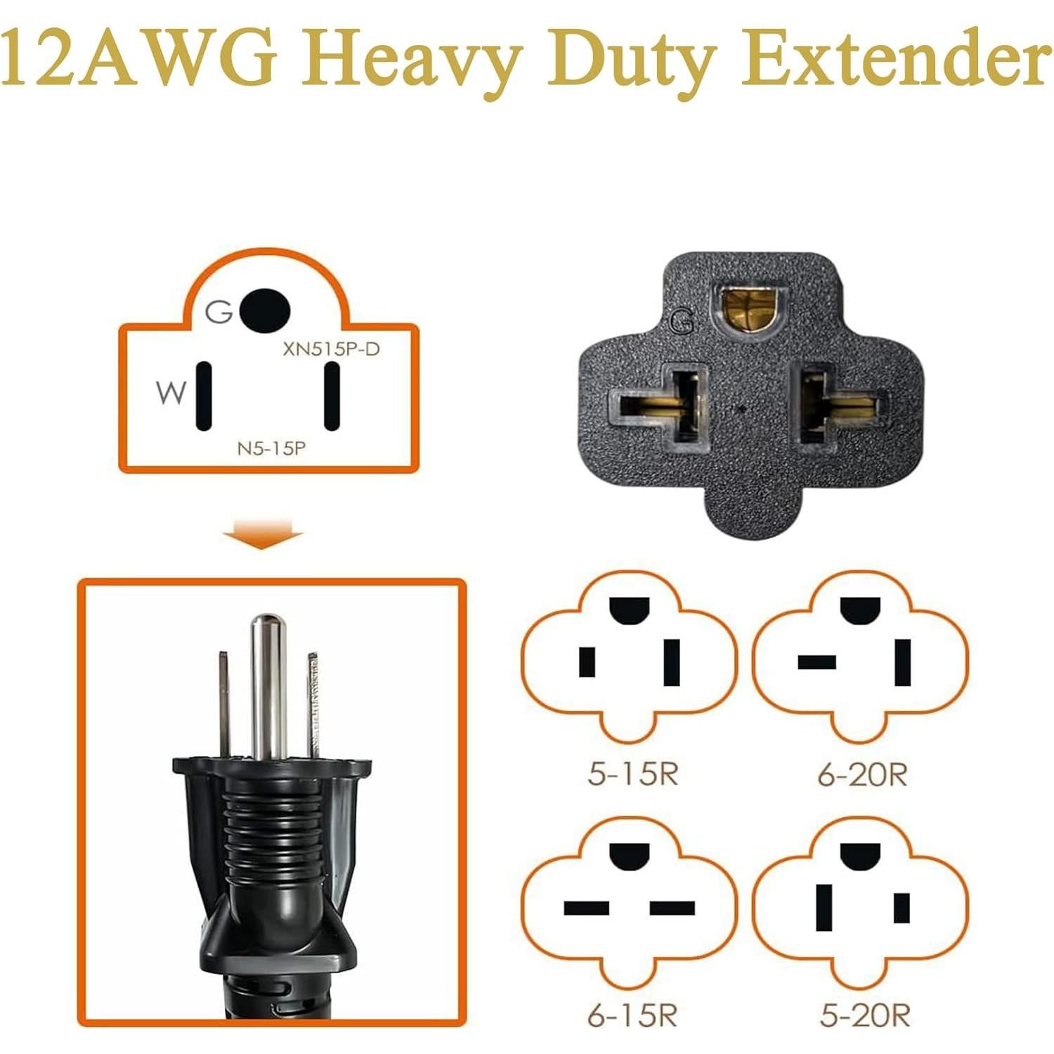 Cable adaptador AC 12AWG 15A a 20A 1 pie Hurricane