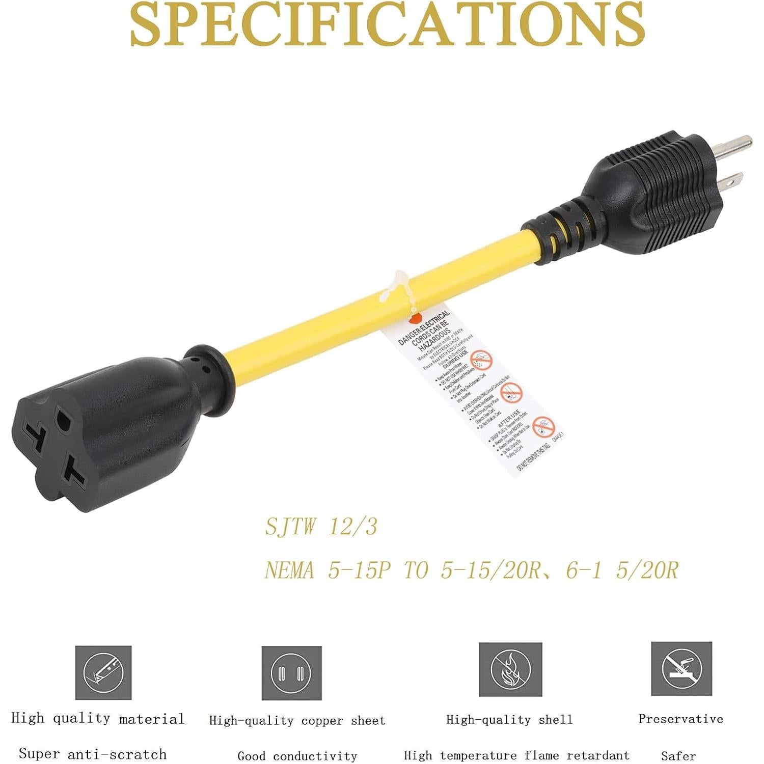 Cable adaptador AC 12AWG 15A a 20A 1 pie Hurricane