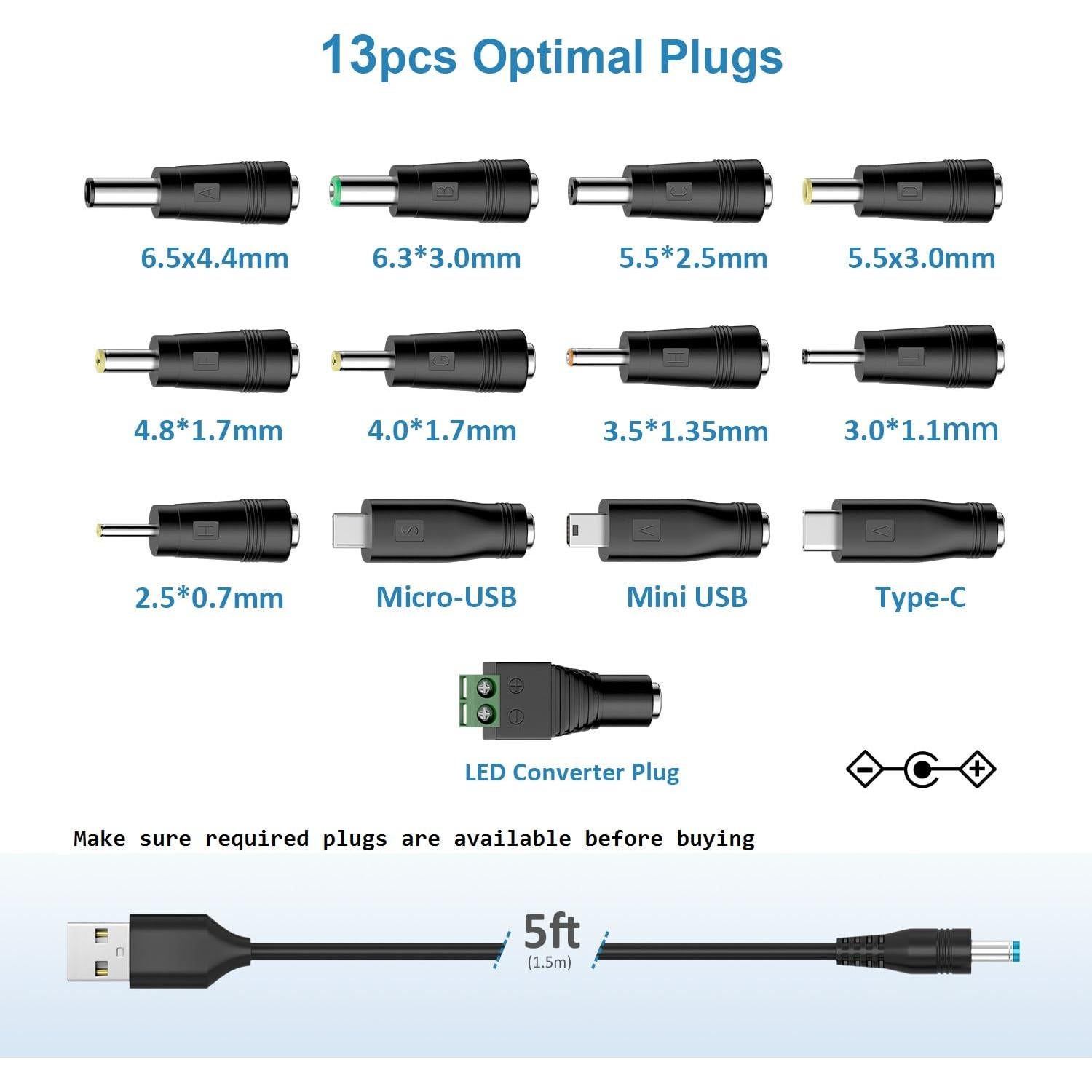 Cable de Alimentación DC 5V Universal Powseed con 13 Adaptadores