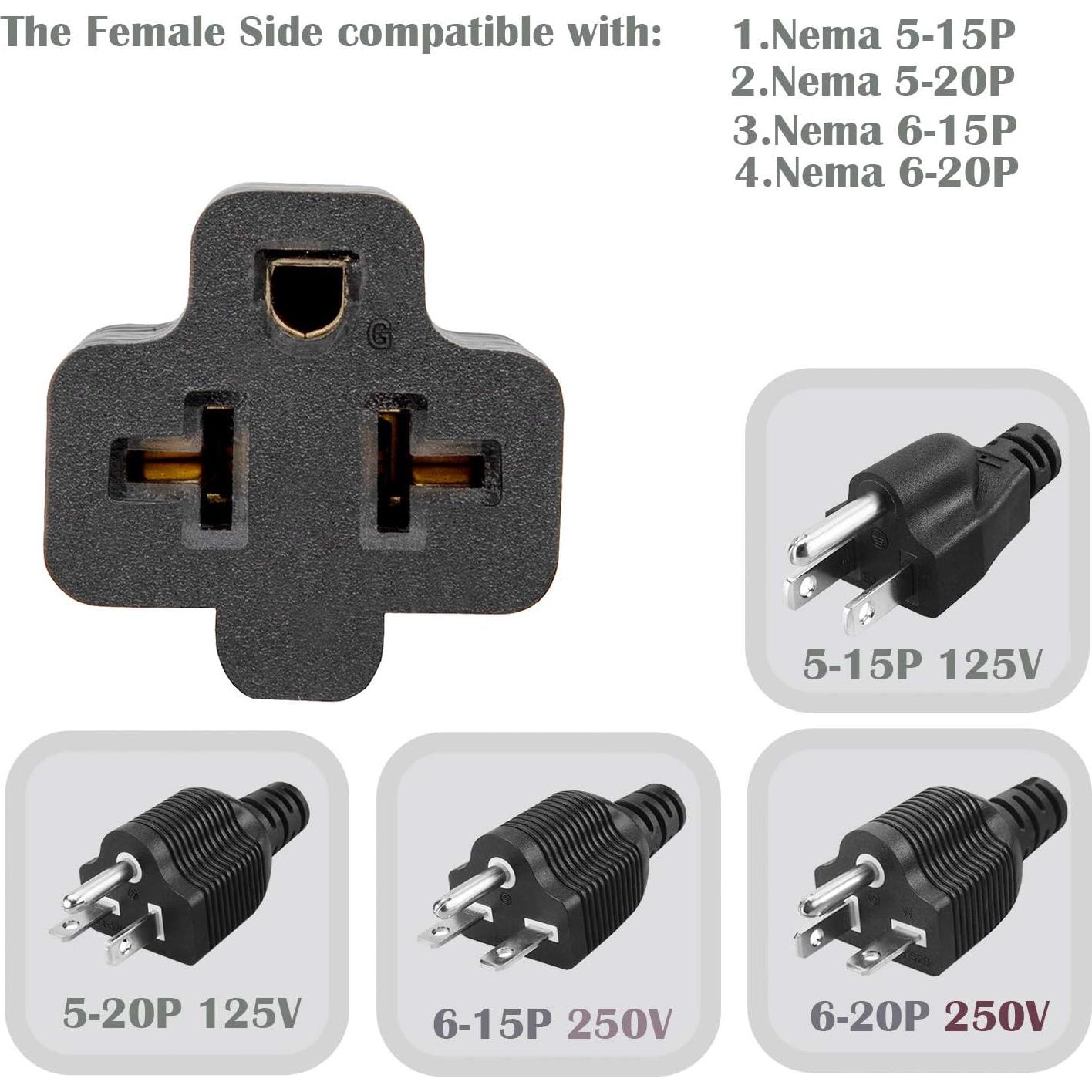 Adaptador de Enchufe CA 15A a 20A EVmore Negro 4 en 1