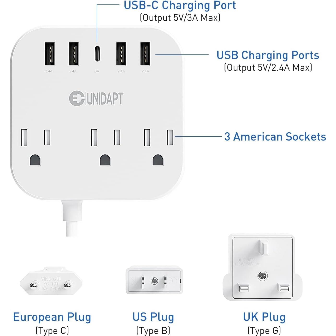 Adaptador de Enchufe Universal Unidapt WSS-603 con 5 USB y 3 AC