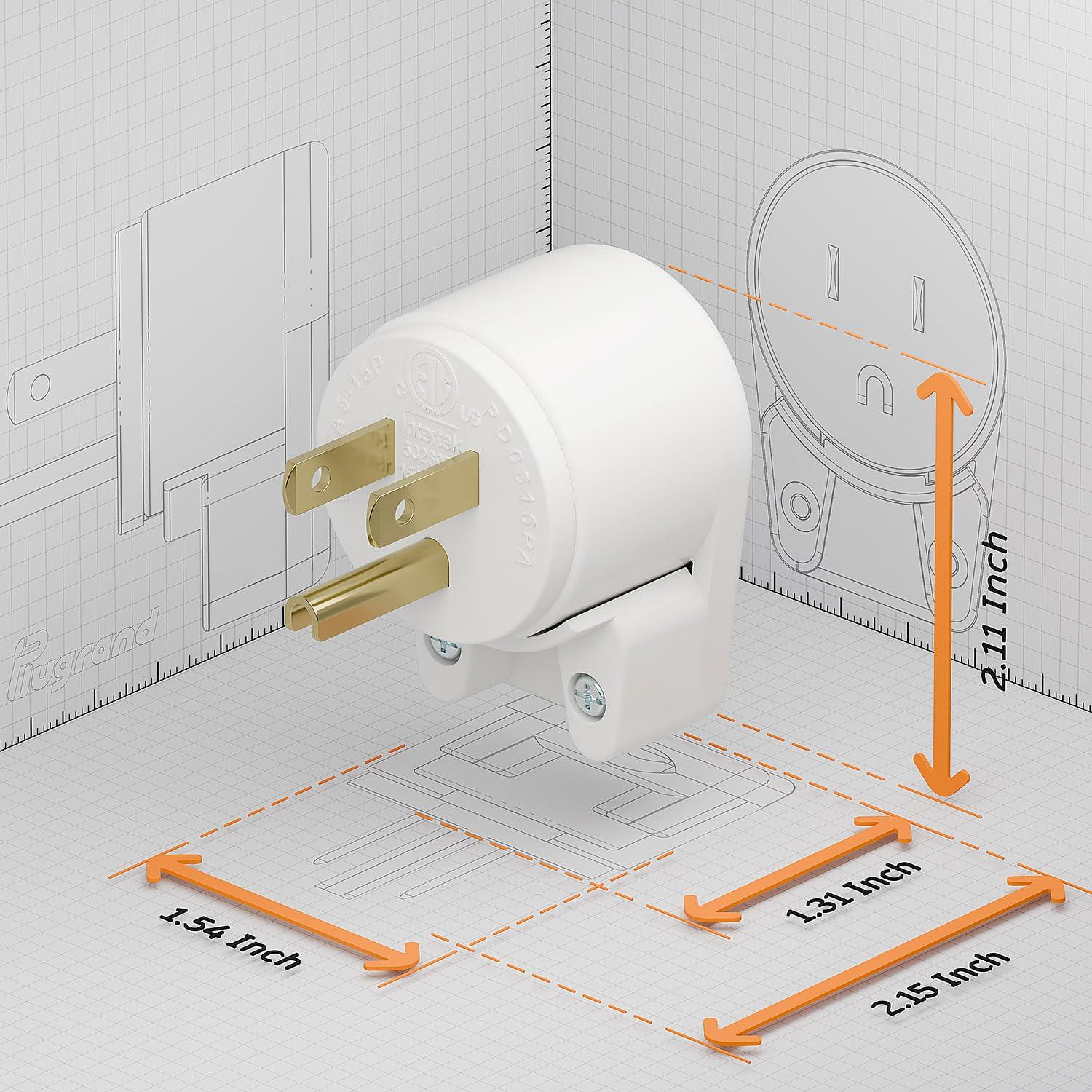 Enchufe de ángulo recto PluGrand Nema 5-15P 15A 125V Blanco