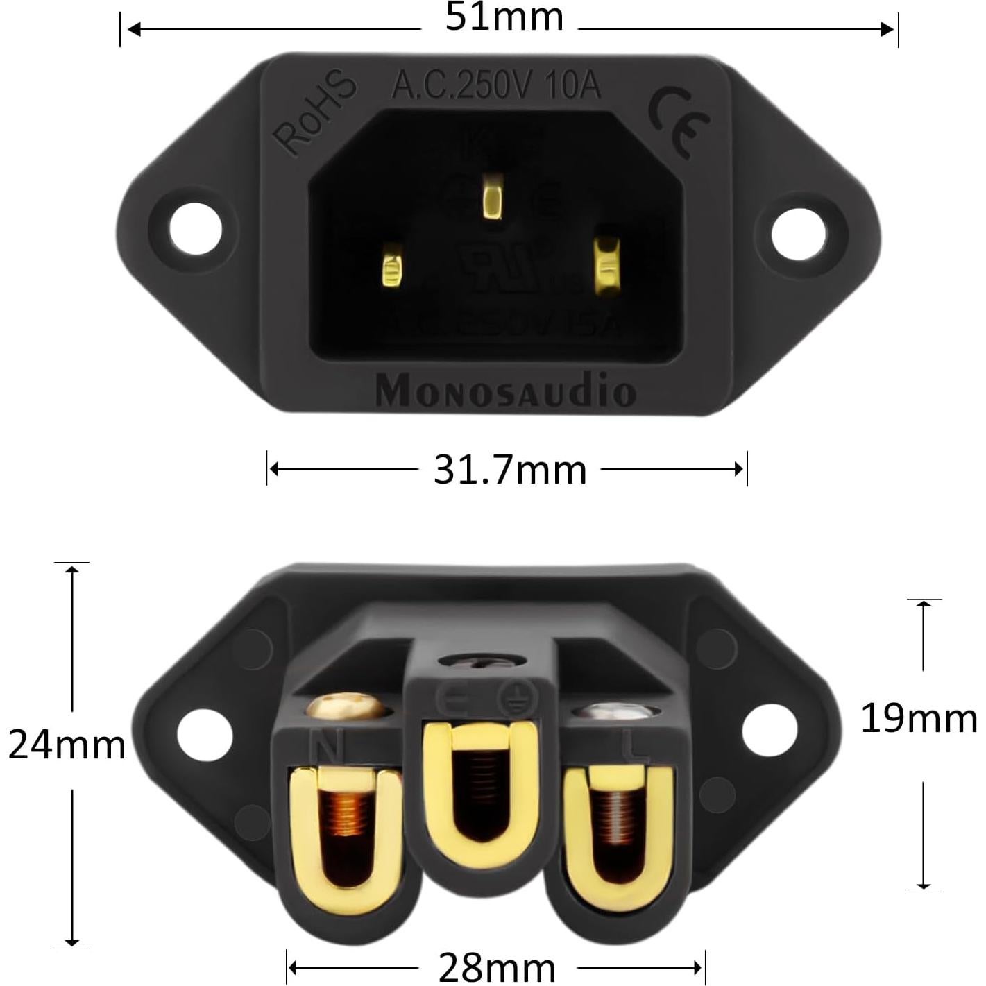 Enchufe de Alimentación Monosaudio IEC C14 250V 10A Chapado Oro