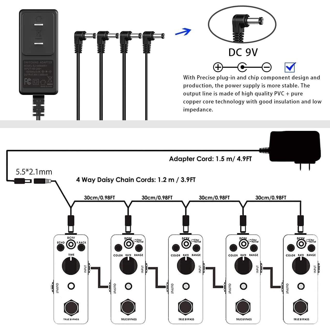 Fuente de Alimentación 9V JOYO para Pedales de Guitarra 800mA