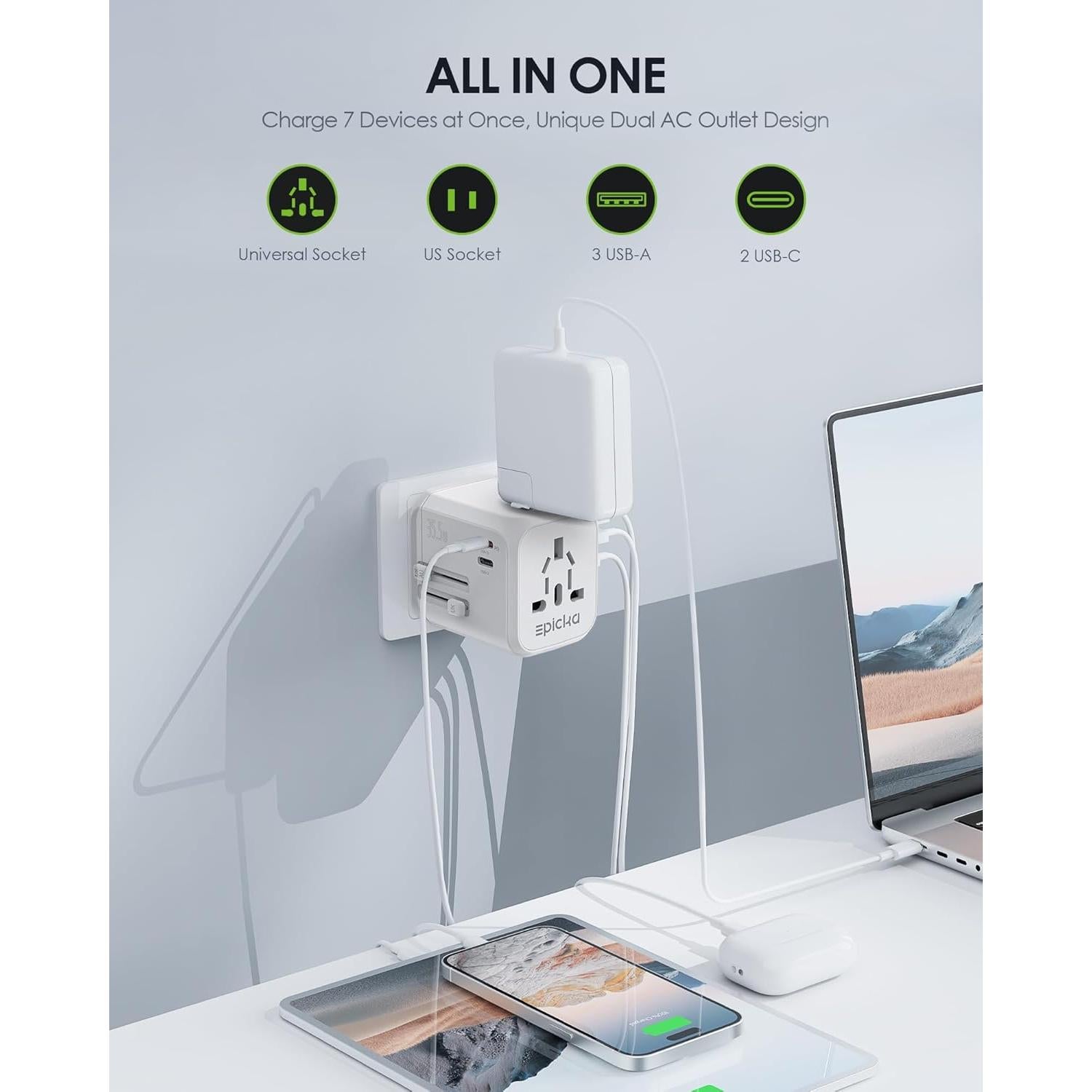 Adaptador de Viaje Universal EPICKA TA-205 35W 6 Puertos Blanco