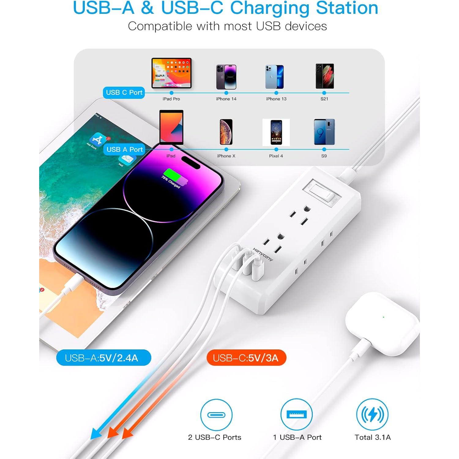 Regleta de Enchufes HANYCONY 1.5m 6 Salidas 3 USB C Blanca