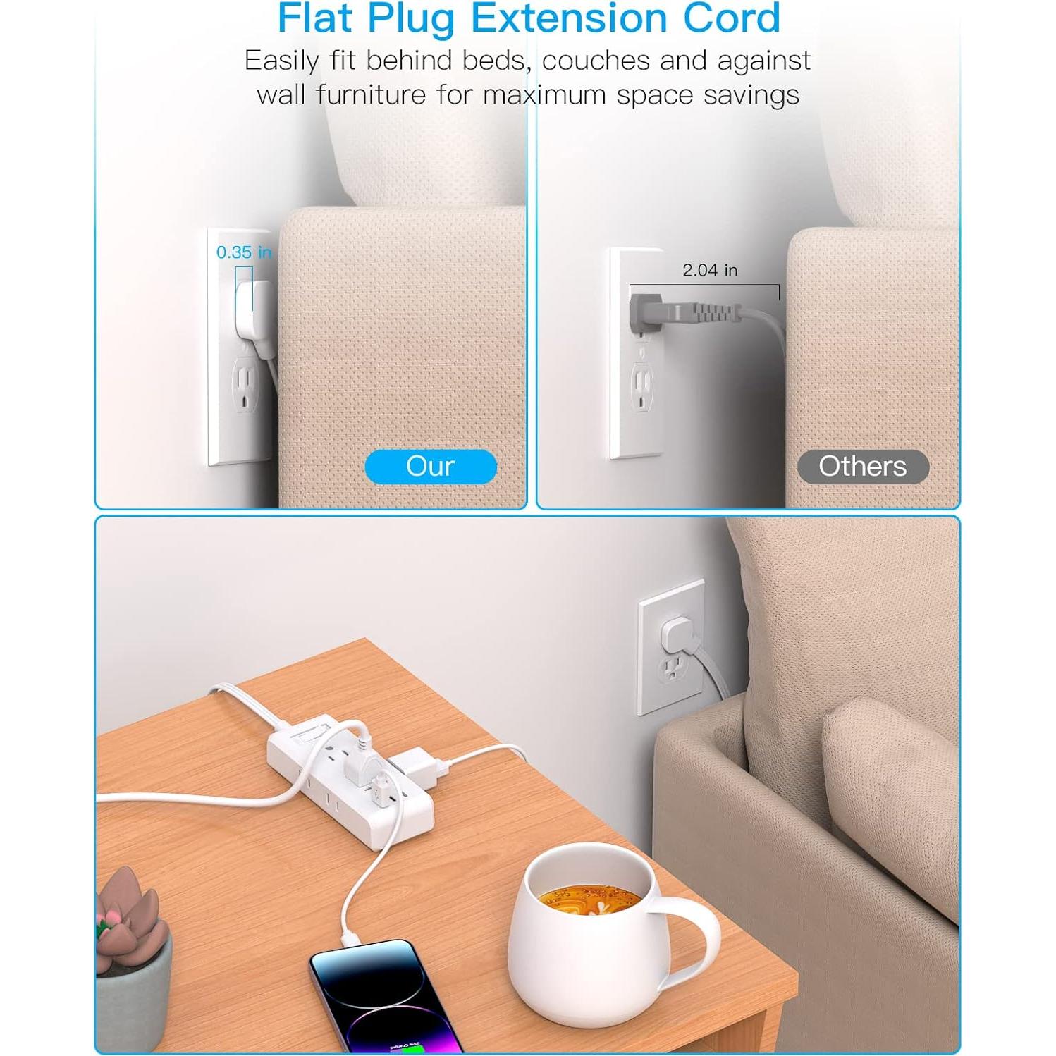 Regleta de Enchufes HANYCONY 1.5m 6 Salidas 3 USB C Blanca