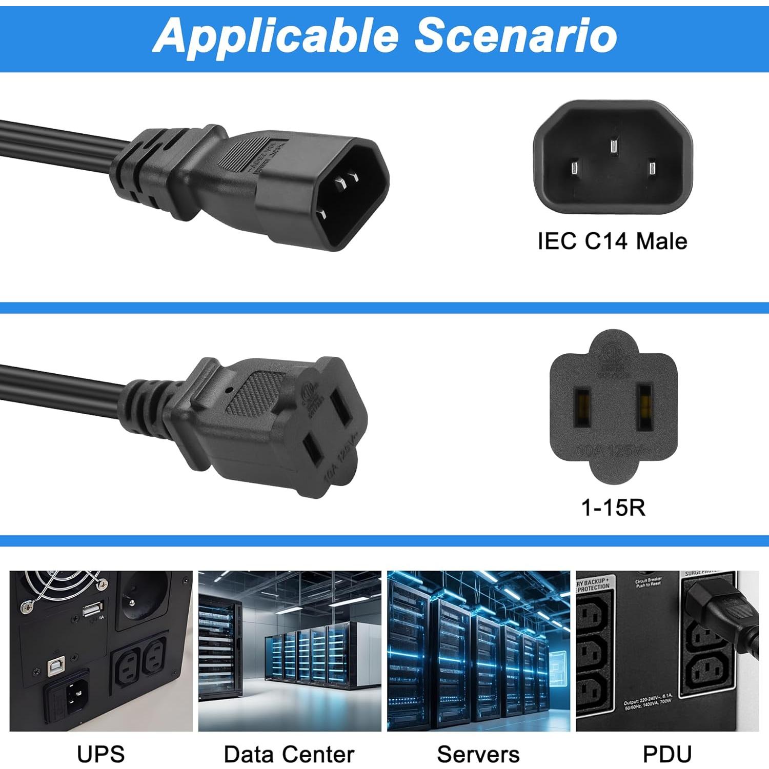 Cable de Poder MEIRIYFA C14 a Doble 1-15R 30cm Negro