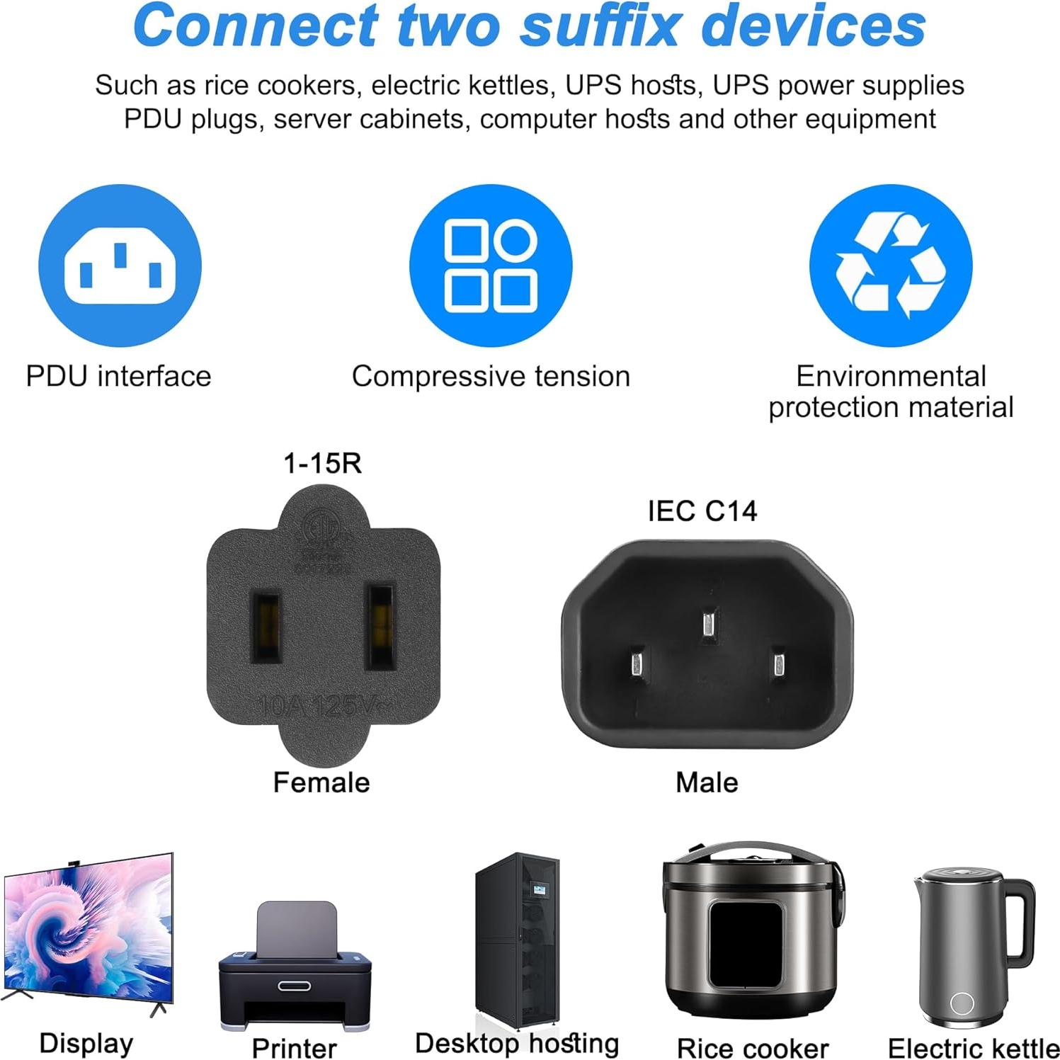 Cable de Poder MEIRIYFA C14 a Doble 1-15R 30cm Negro