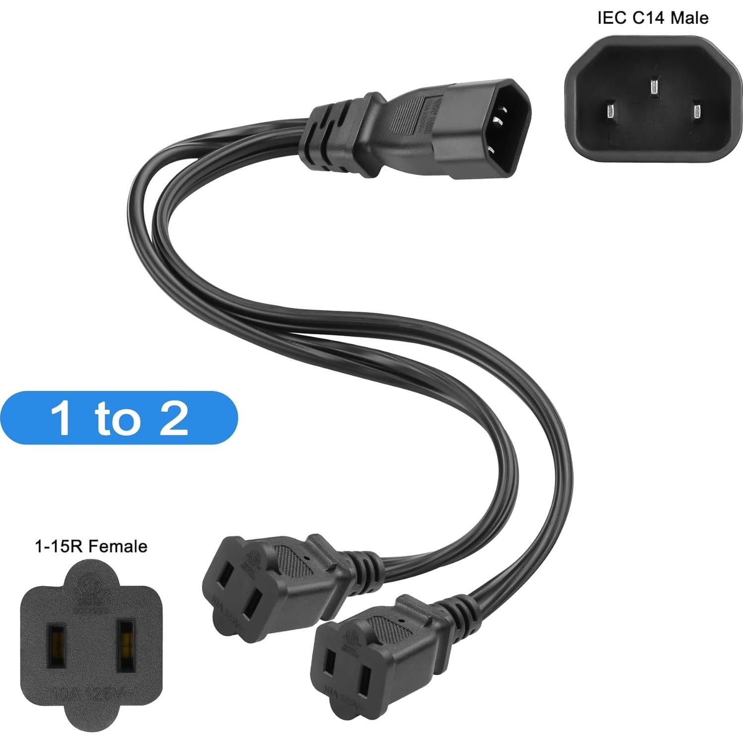 Cable de Poder MEIRIYFA C14 a Doble 1-15R 30cm Negro