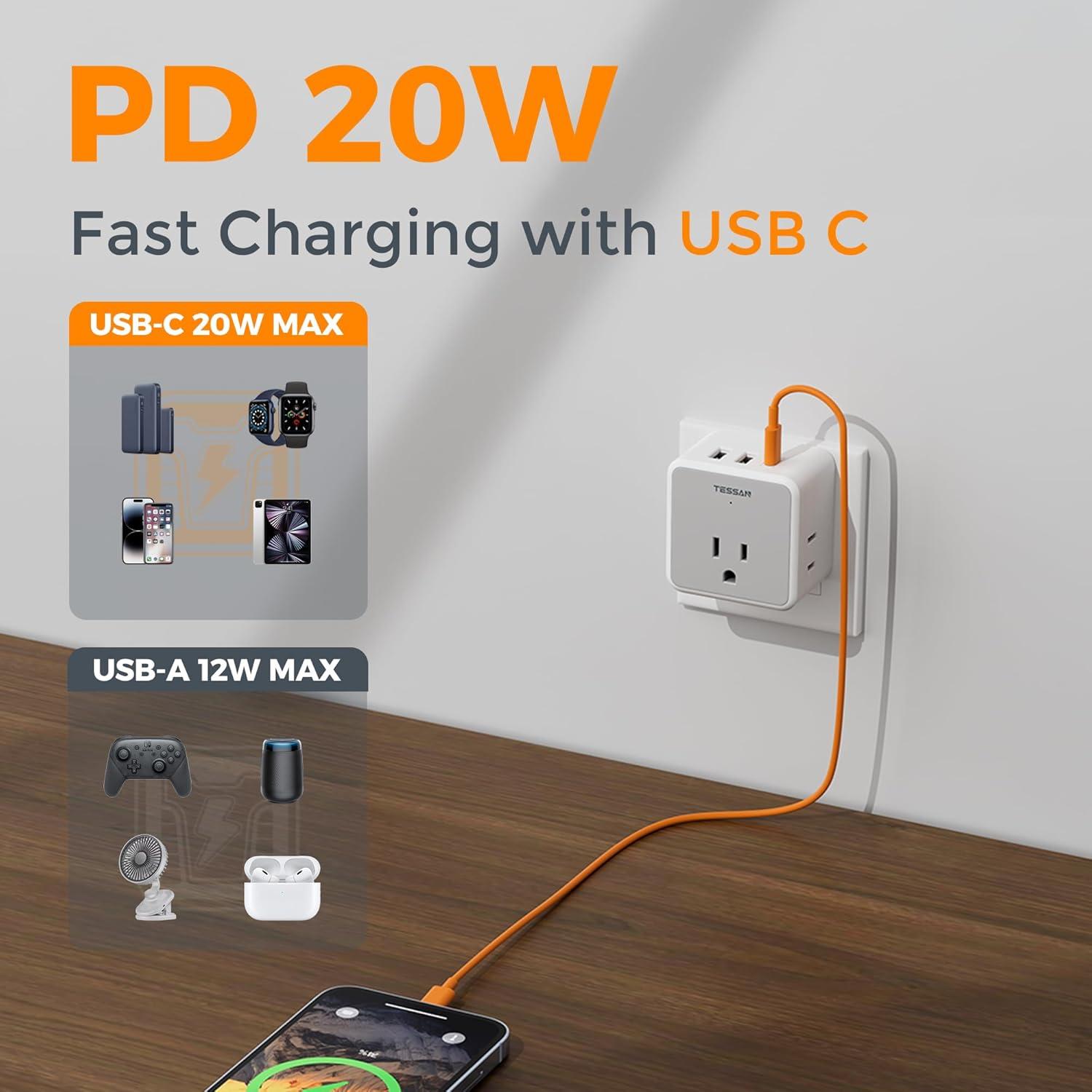Adaptador de Enchufe Universal TESSAN con 3 USB y 3 Salidas AC