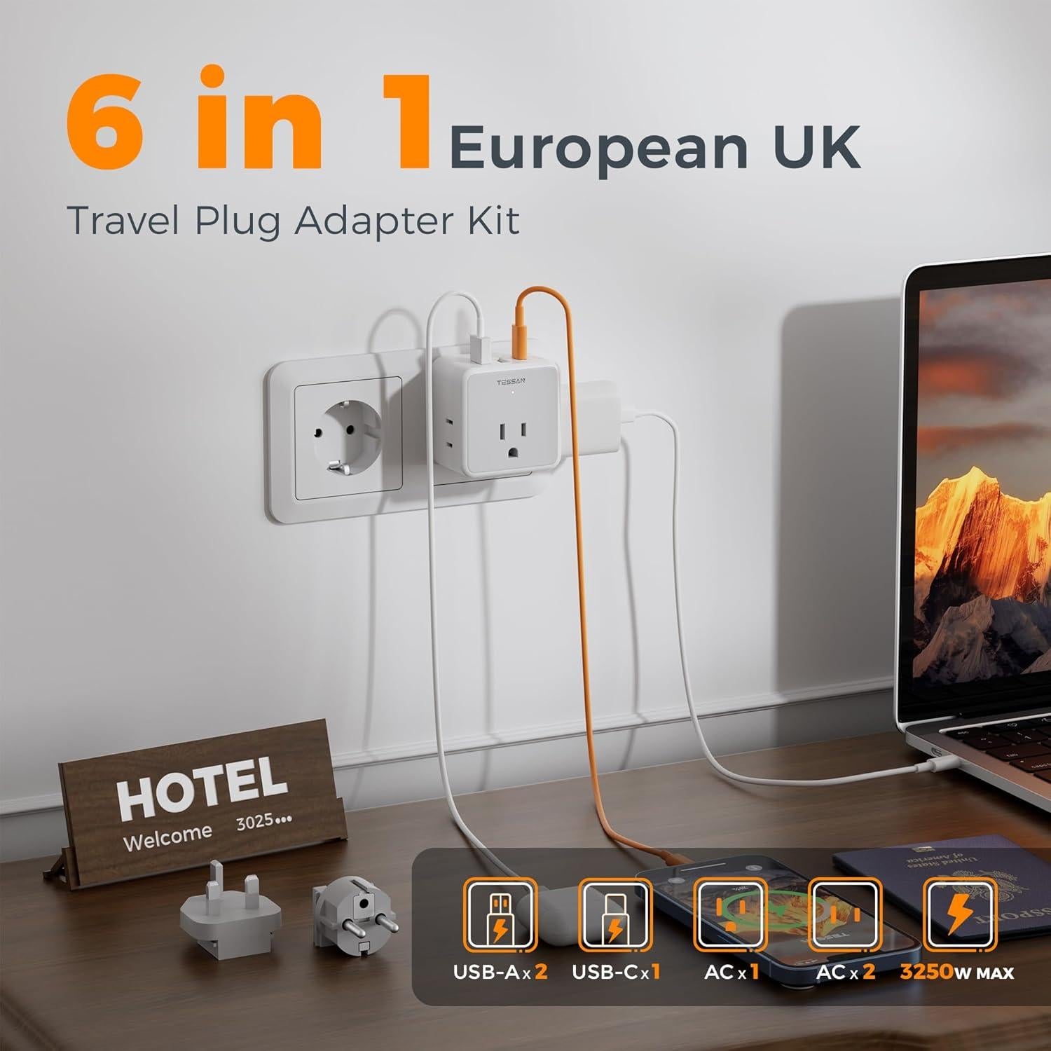 Adaptador de Enchufe Universal TESSAN con 3 USB y 3 Salidas AC