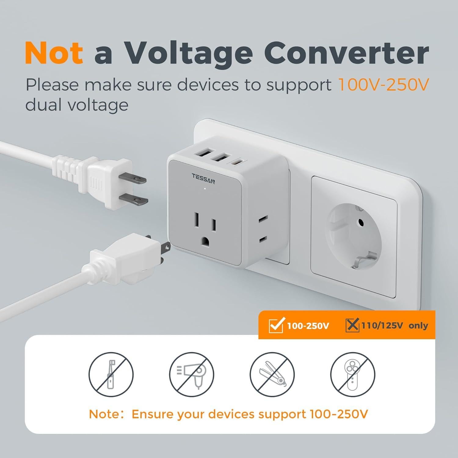Adaptador de Enchufe Universal TESSAN con 3 USB y 3 Salidas AC