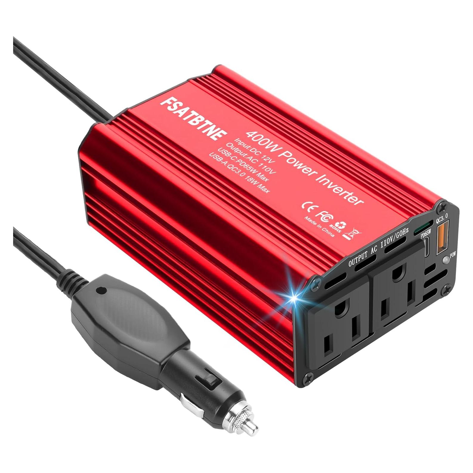 Inversor de Potencia 400W FSATBTNE con 2 Salidas AC y Carga Rápida