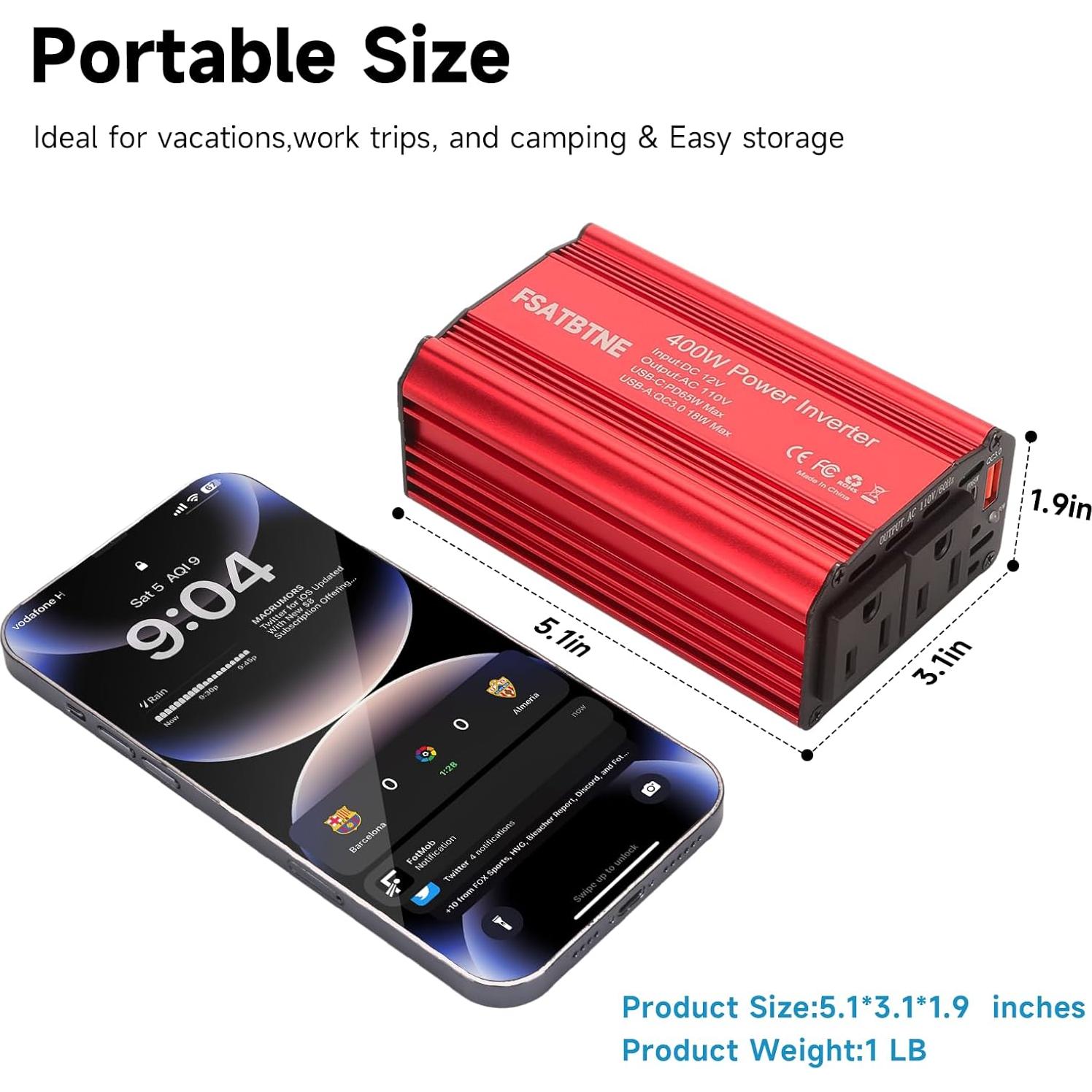 Inversor de Potencia 400W FSATBTNE con 2 Salidas AC y Carga Rápida