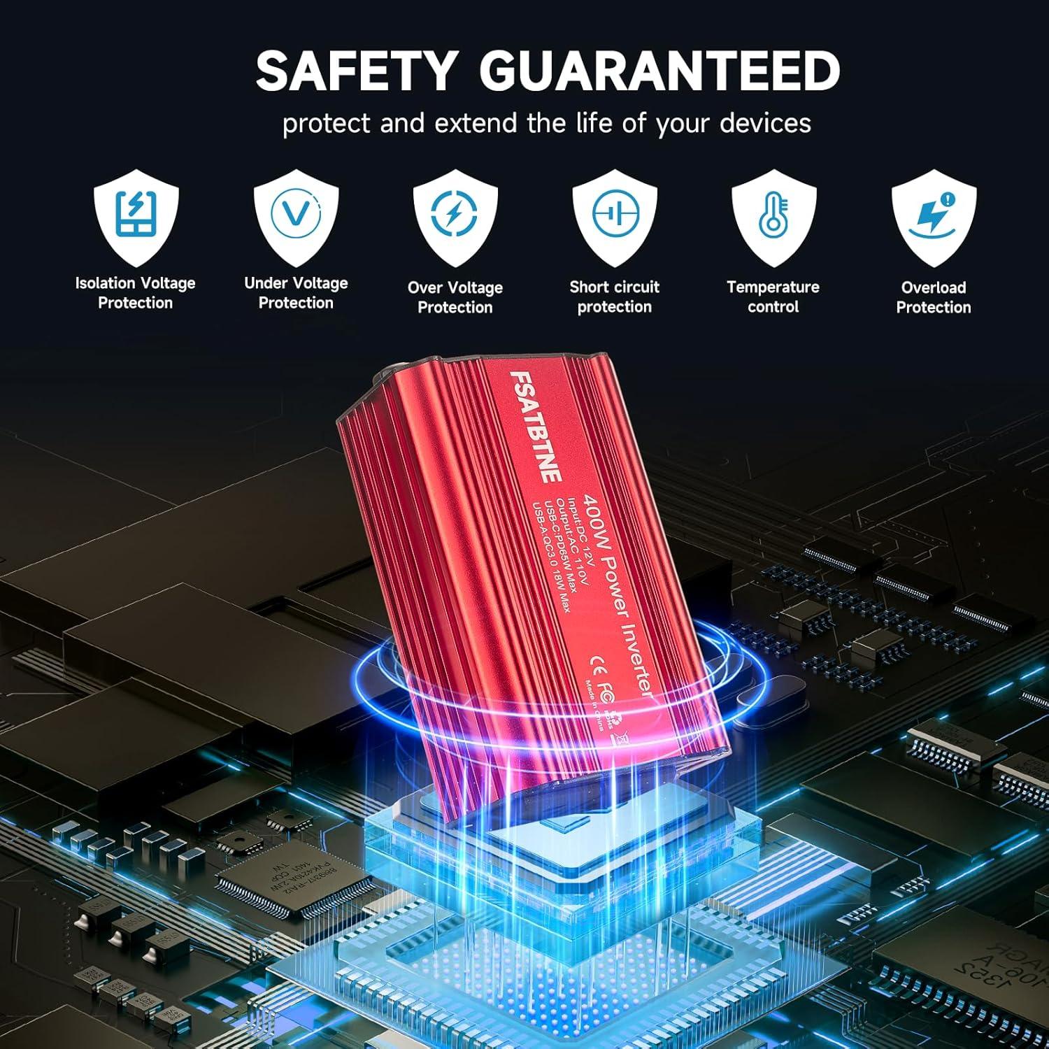 Inversor de Potencia 400W FSATBTNE con 2 Salidas AC y Carga Rápida