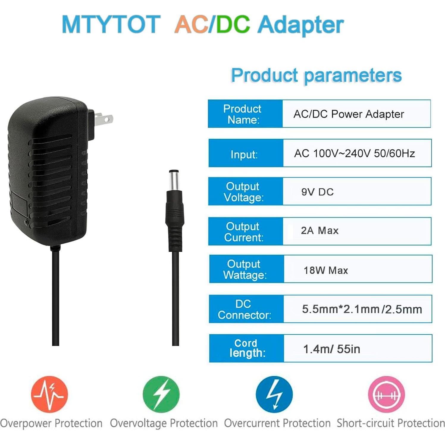 Adaptador AC/DC 9V 2A MTYTOT, conector 5.5mm x 2.5mm