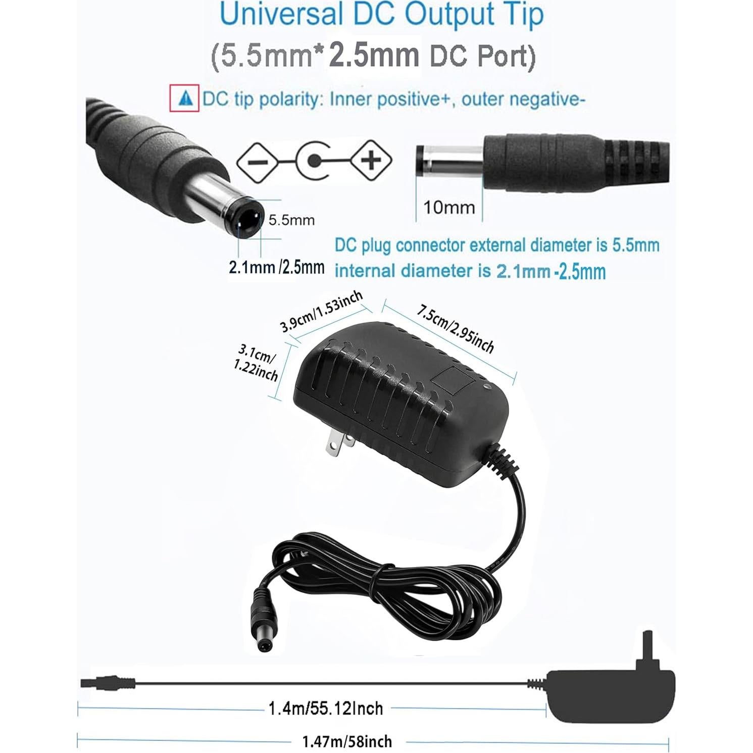 Adaptador AC/DC 9V 2A MTYTOT, conector 5.5mm x 2.5mm