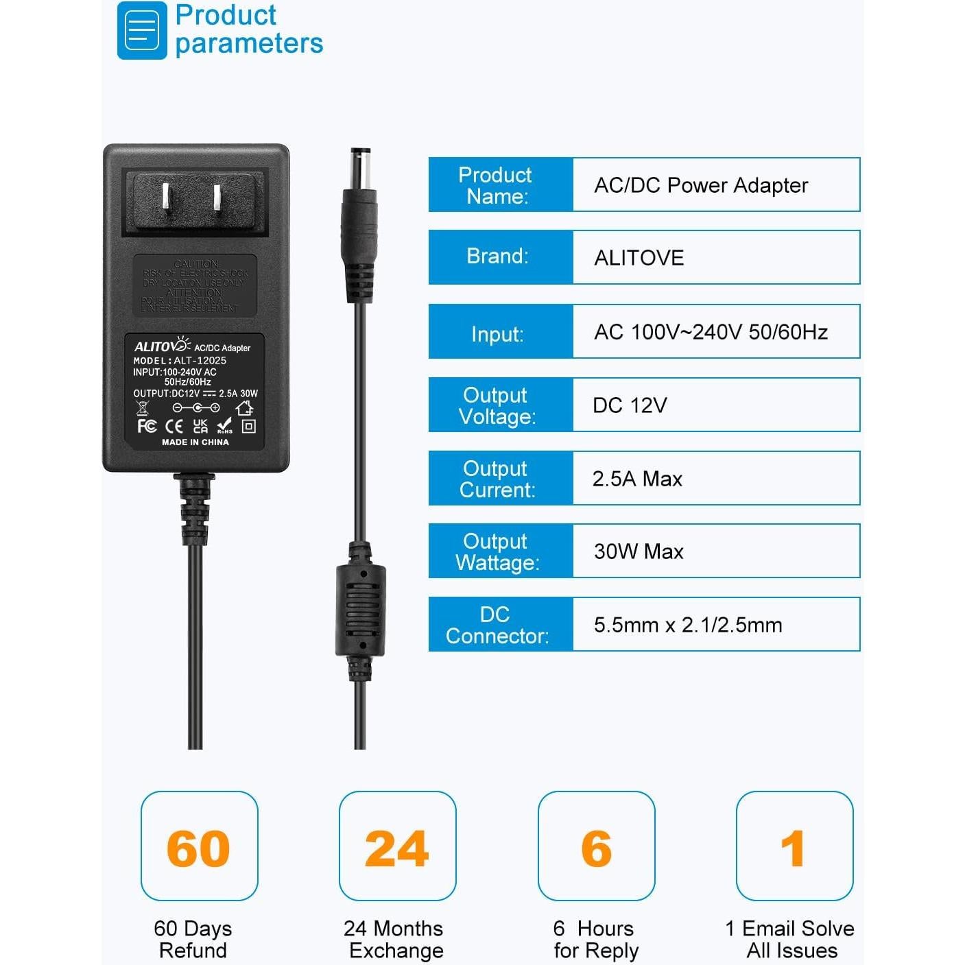 Fuente de Poder ALITOVE 12V 2.5A 30W Adaptador AC a DC