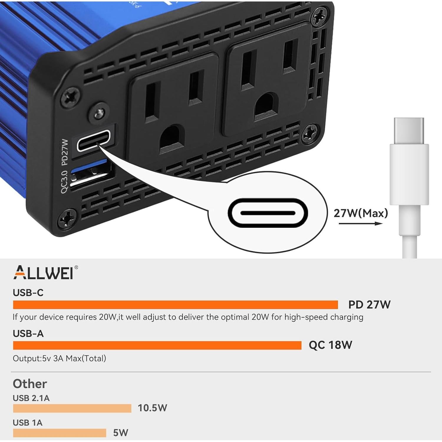 Inversor de Potencia de Coche ALLWEI 300W 12V a 220V USB-C