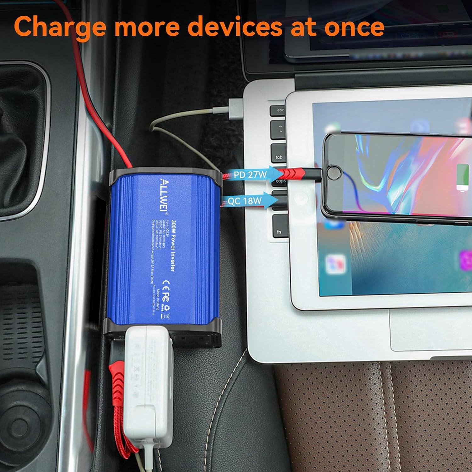 Inversor de Potencia de Coche ALLWEI 300W 12V a 220V USB-C