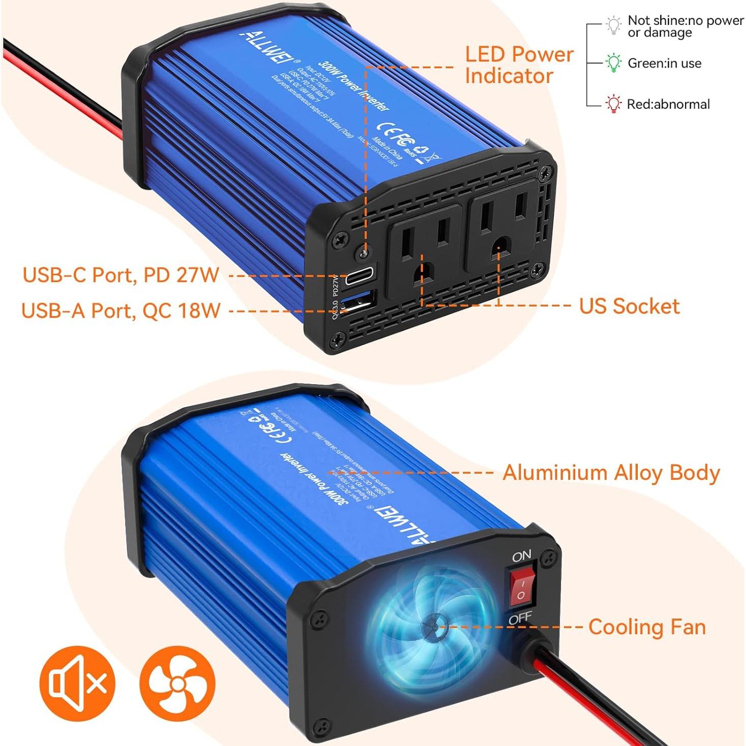 Inversor de Potencia de Coche ALLWEI 300W 12V a 220V USB-C