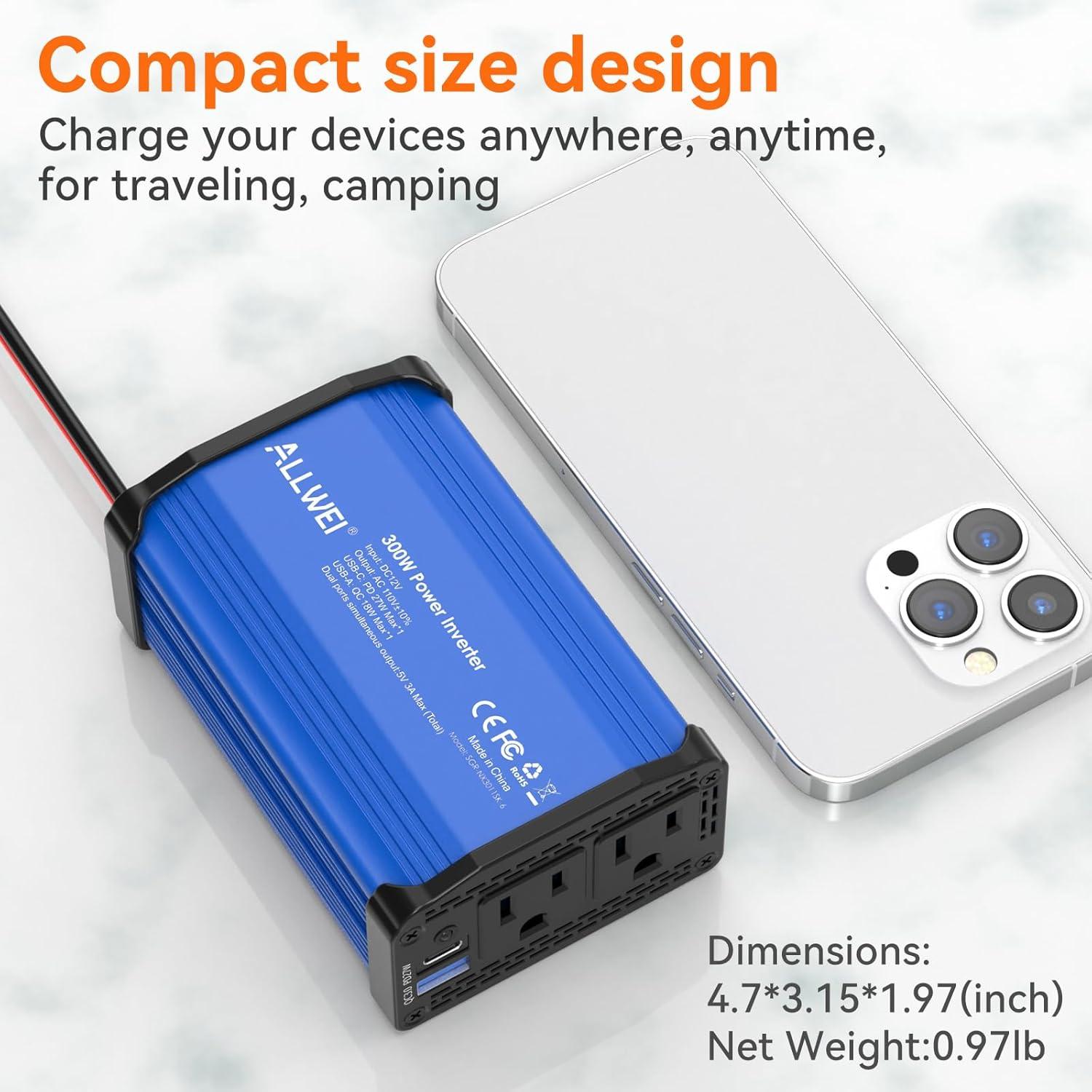 Inversor de Potencia de Coche ALLWEI 300W 12V a 220V USB-C