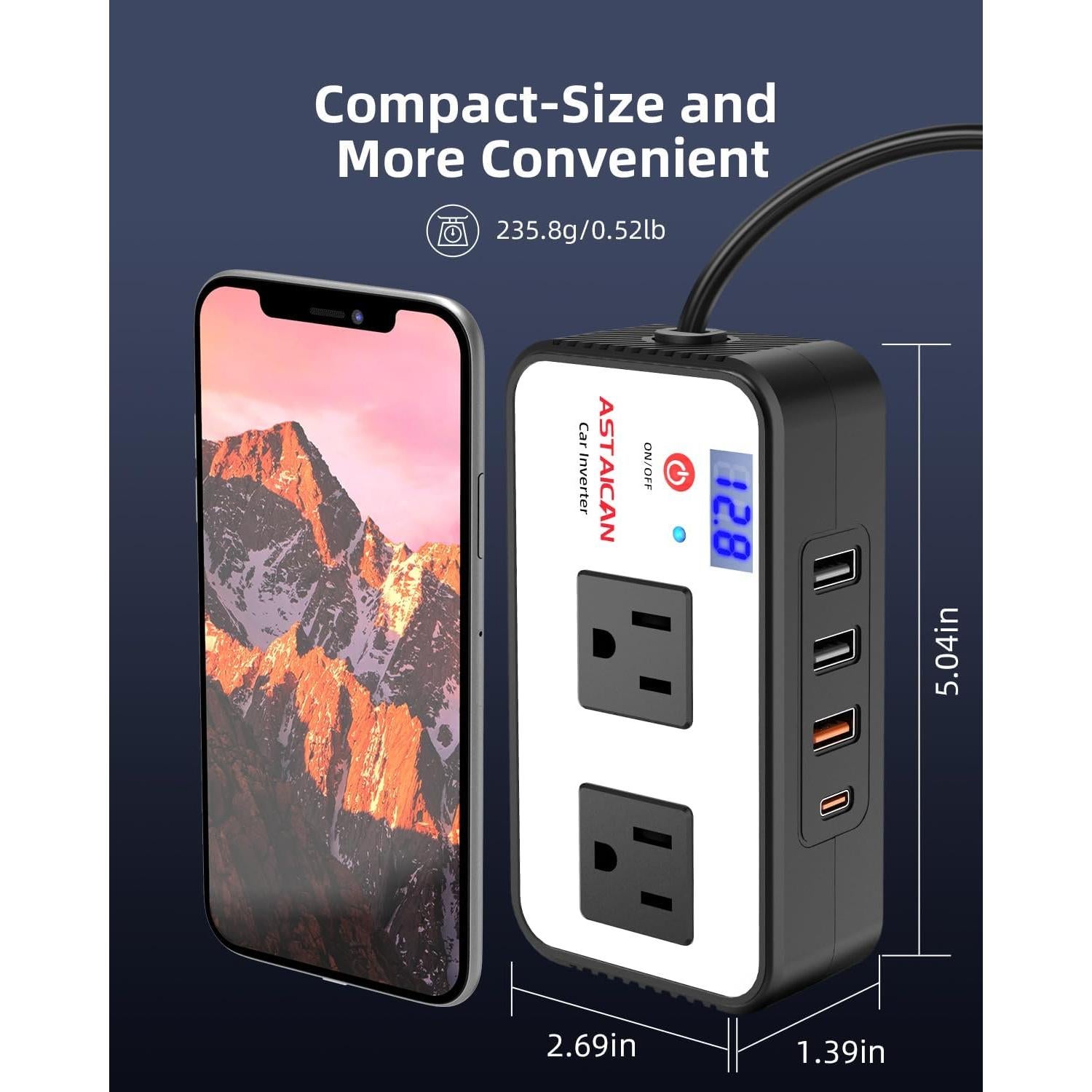 Inversor de Potencia Astaican 200W DC 12V a 110V AC USB-C