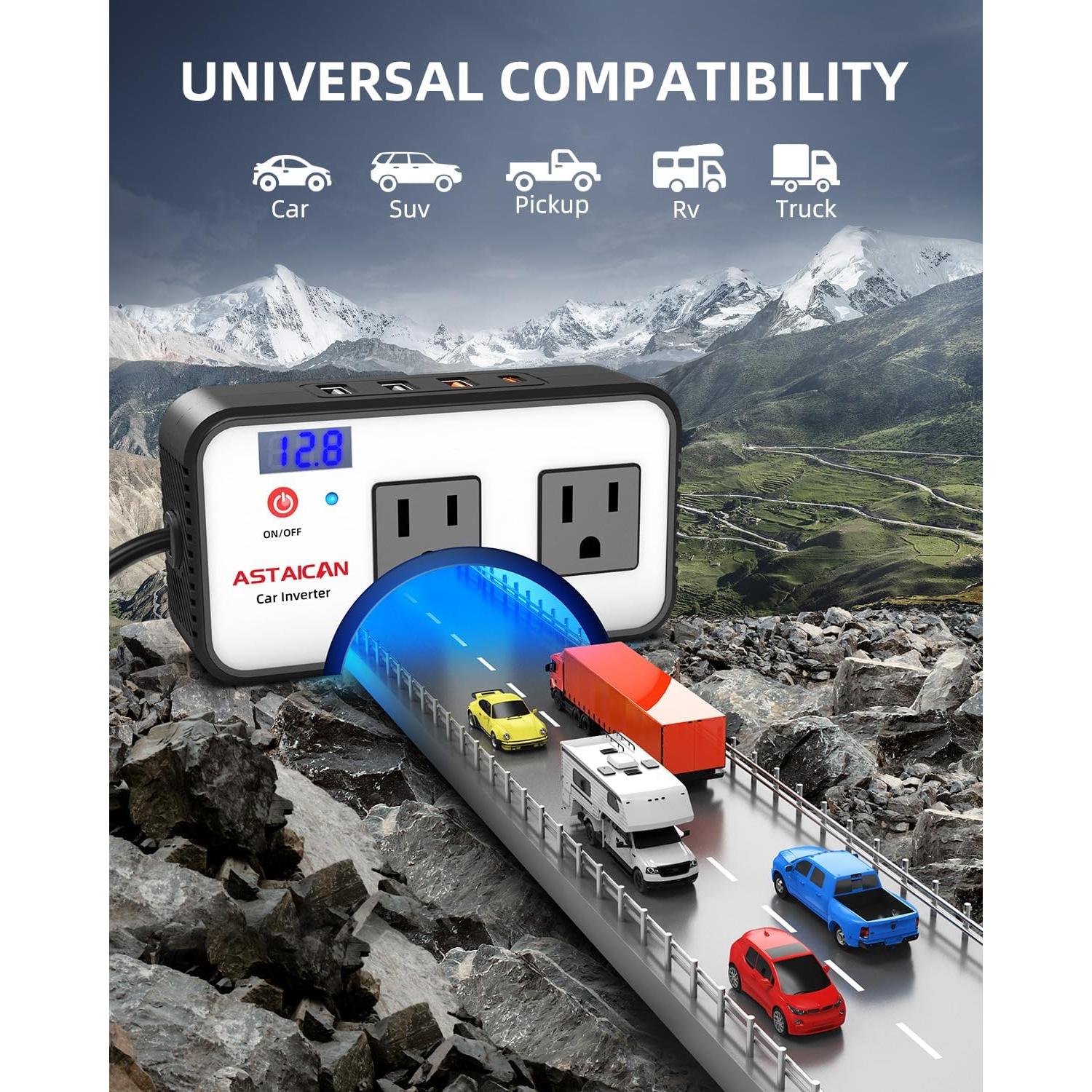 Inversor de Potencia Astaican 200W DC 12V a 110V AC USB-C