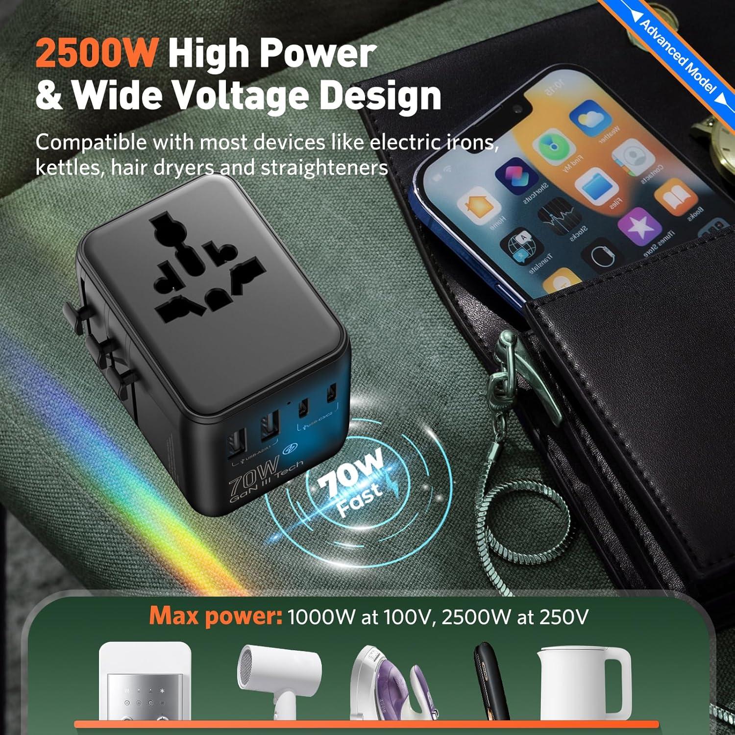 Adaptador de viaje universal HICHOR 70W para 200 países