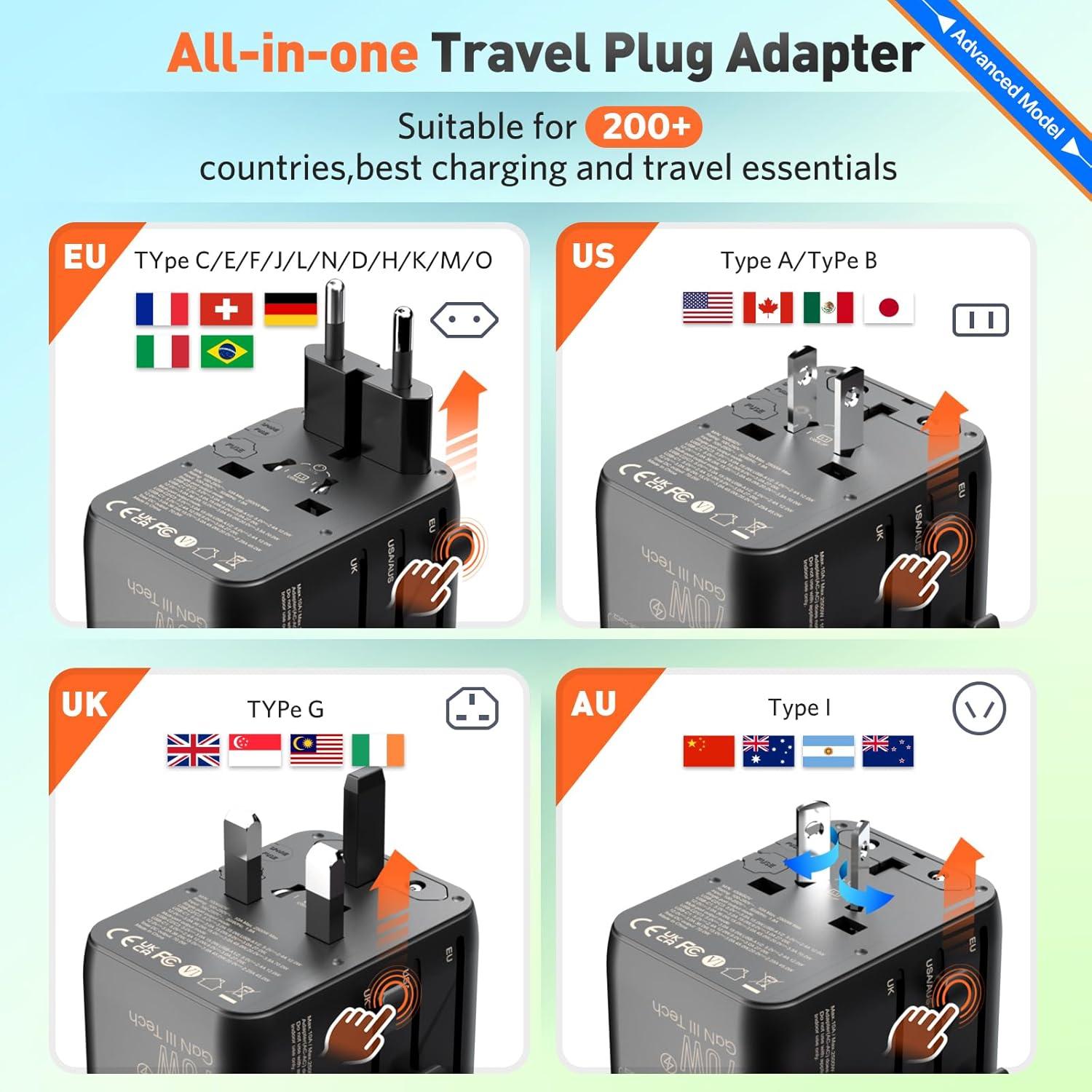 Adaptador de viaje universal HICHOR 70W para 200 países