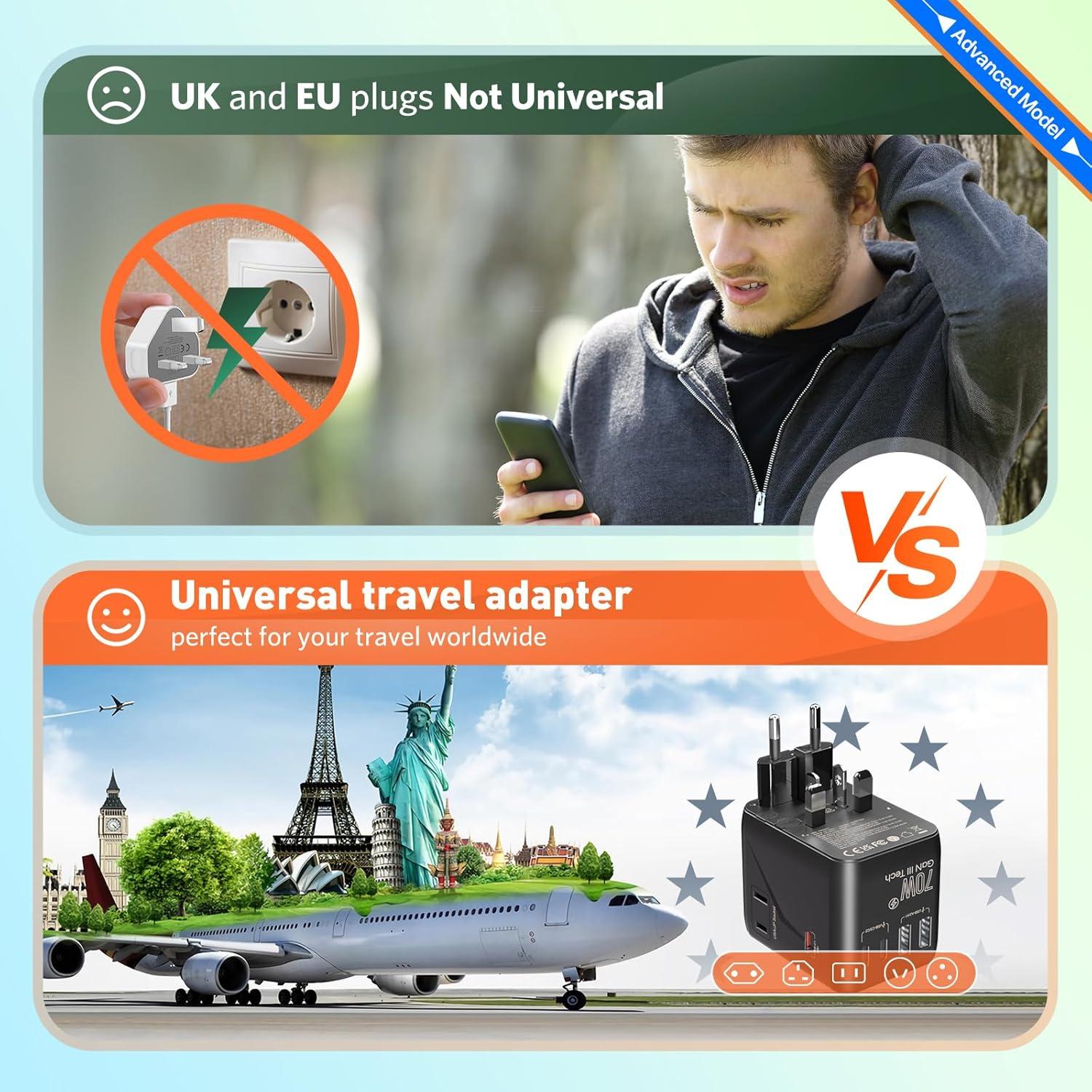 Adaptador de viaje universal HICHOR 70W para 200 países