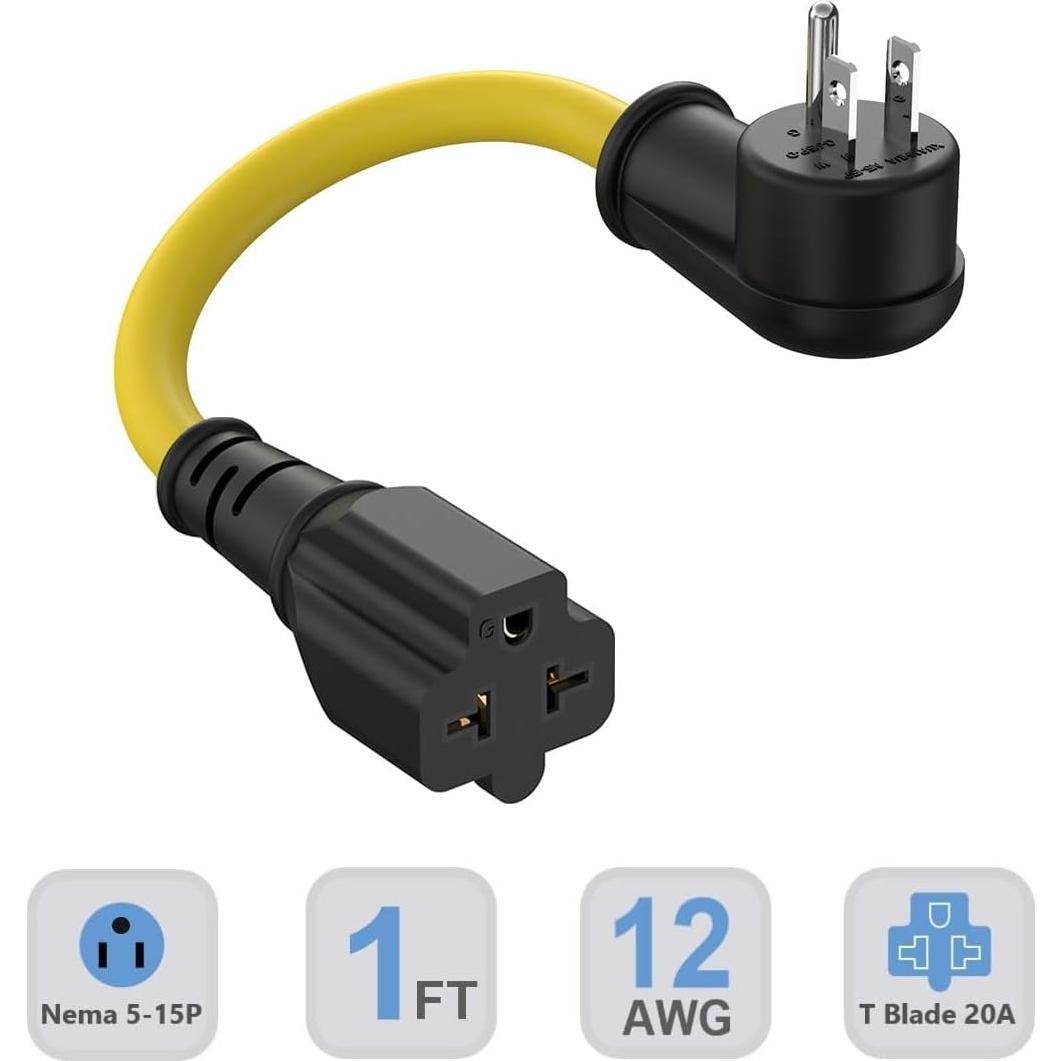 Cable adaptador 12AWG 1 pie Nema 15A a 20A ángulo recto